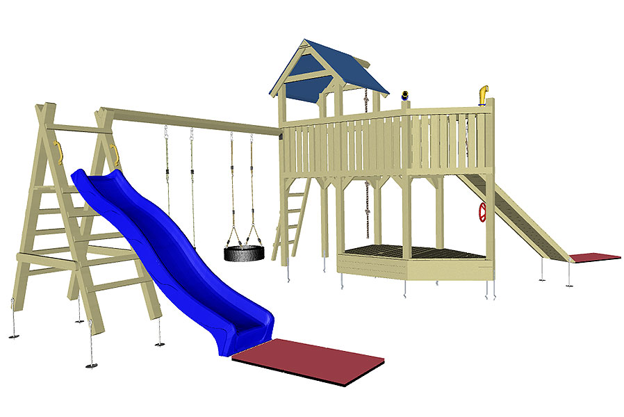 Piratenschiff Holzfuß Spielturm mit Rutsche und Schaukel