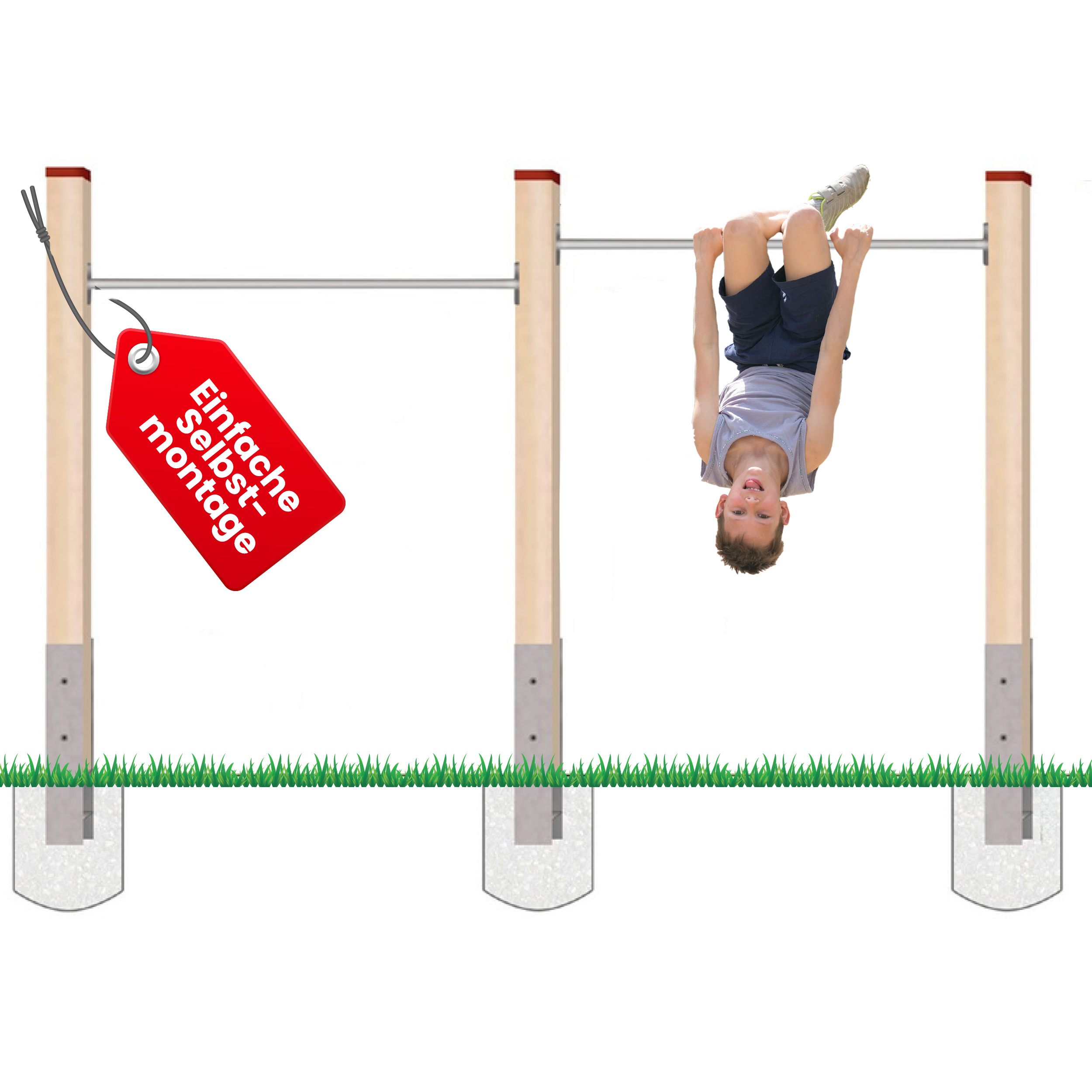 Turnreck aus Kantholz Kiefer imprägniert mit Edelstahl-Reckstange und H-Anker