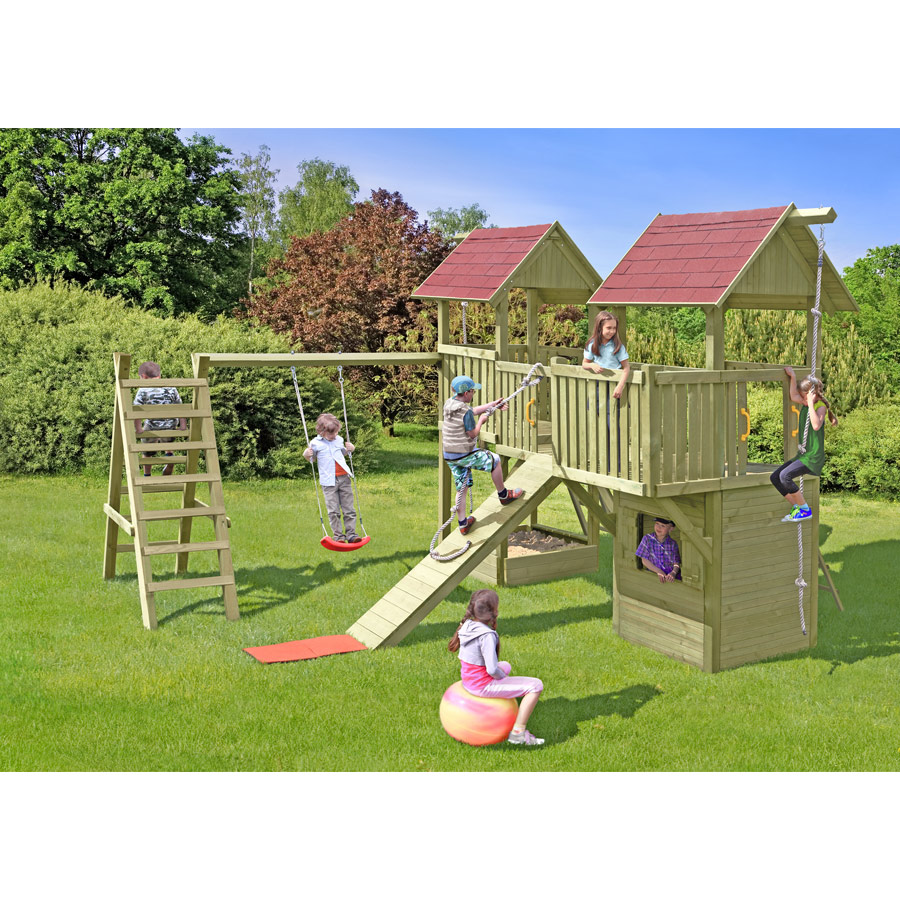 Spielanlage Piratennest mit zwei Spieltürme, Schaukel und Steg