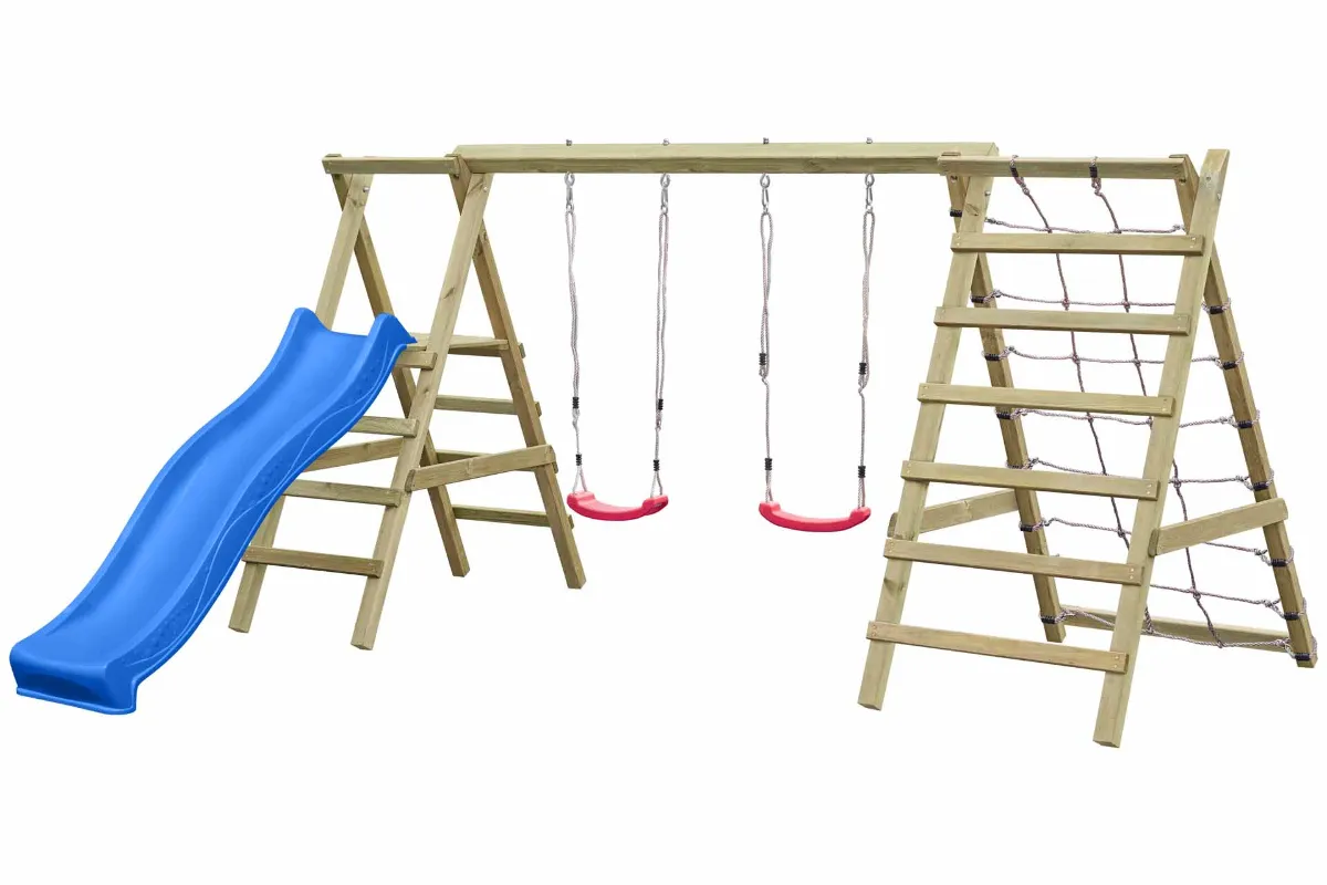 Doppelschaukel Jana mit Kletternetz Sprossenleiter und blauer Rutsche