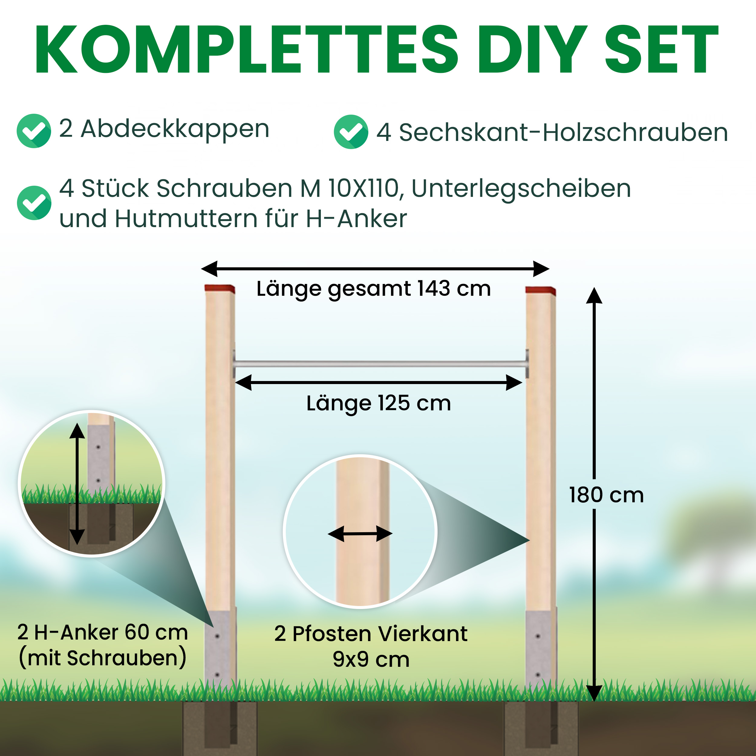Turnreck aus Kantholz Kiefer imprägniert mit Edelstahl-Reckstange und H-Anker