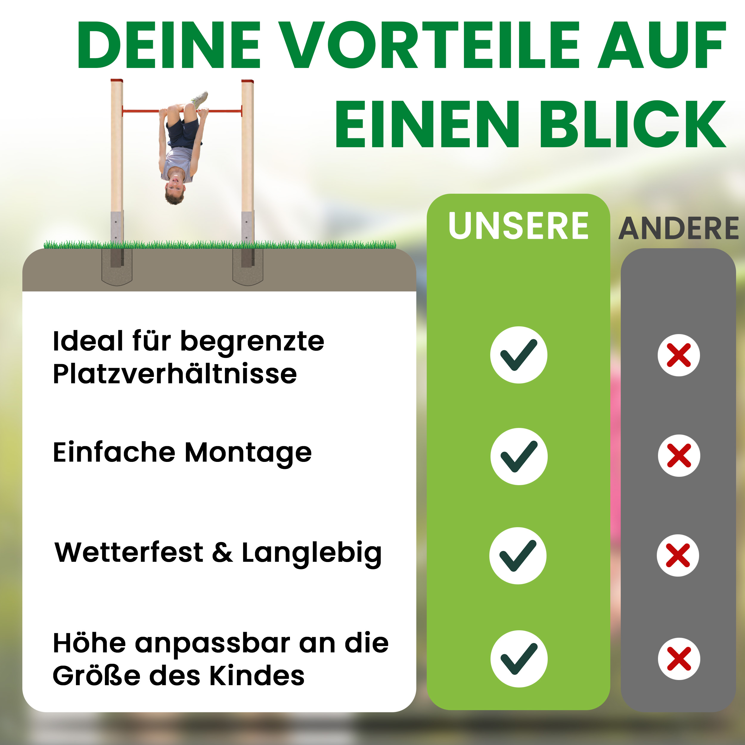 Turnreck aus Kantholz Kiefer imprägniert mit Reckstange rot und  H-Anker