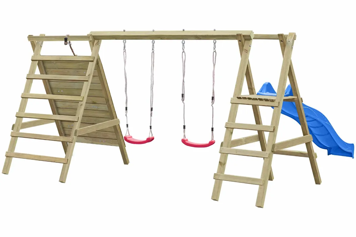 Doppelschaukel Anna mit Kletternetz Sprossenleiter und blauer Rutsche