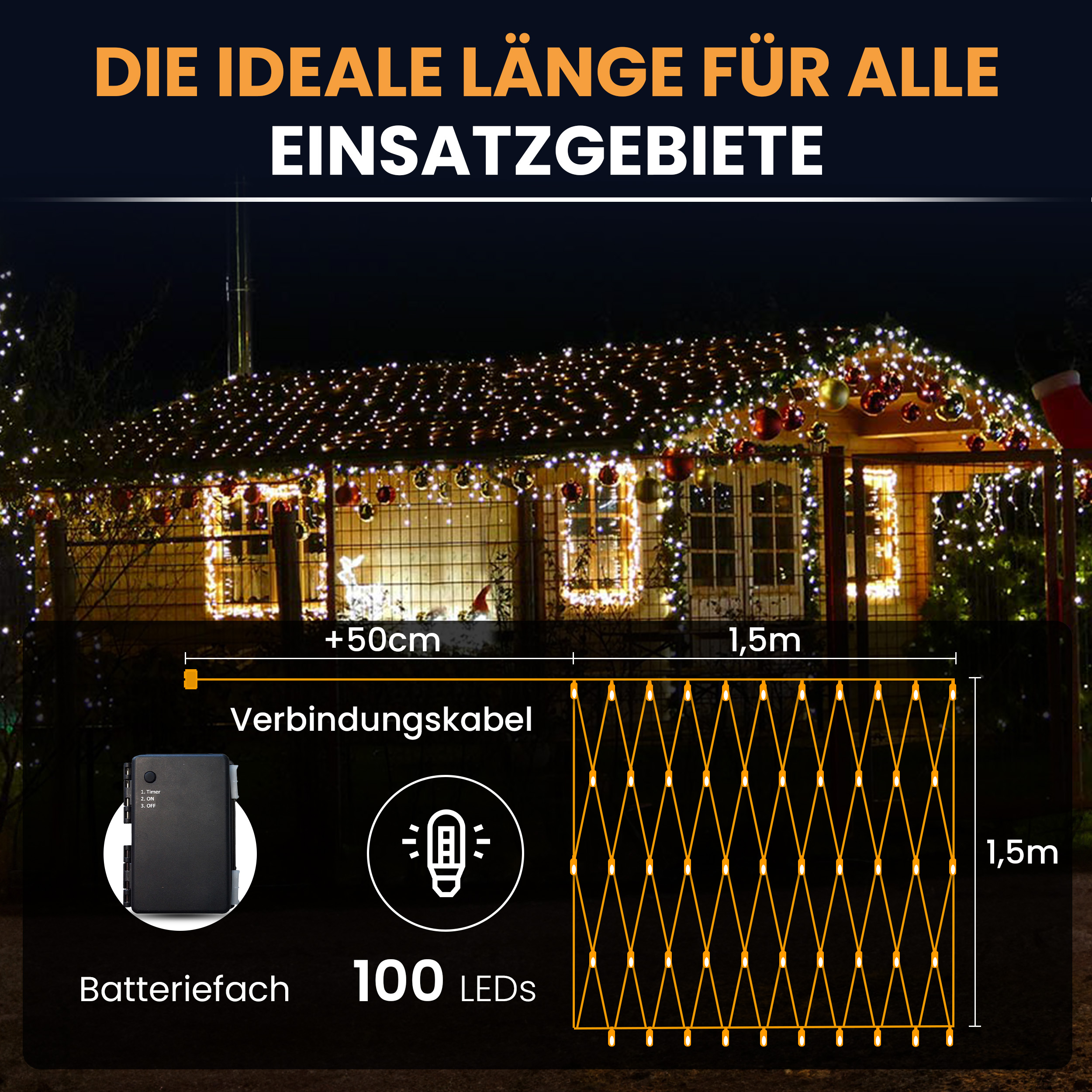 Lichternetz mit warmweißen LEDs und Timer Batteriebetrieben für innen und außen
