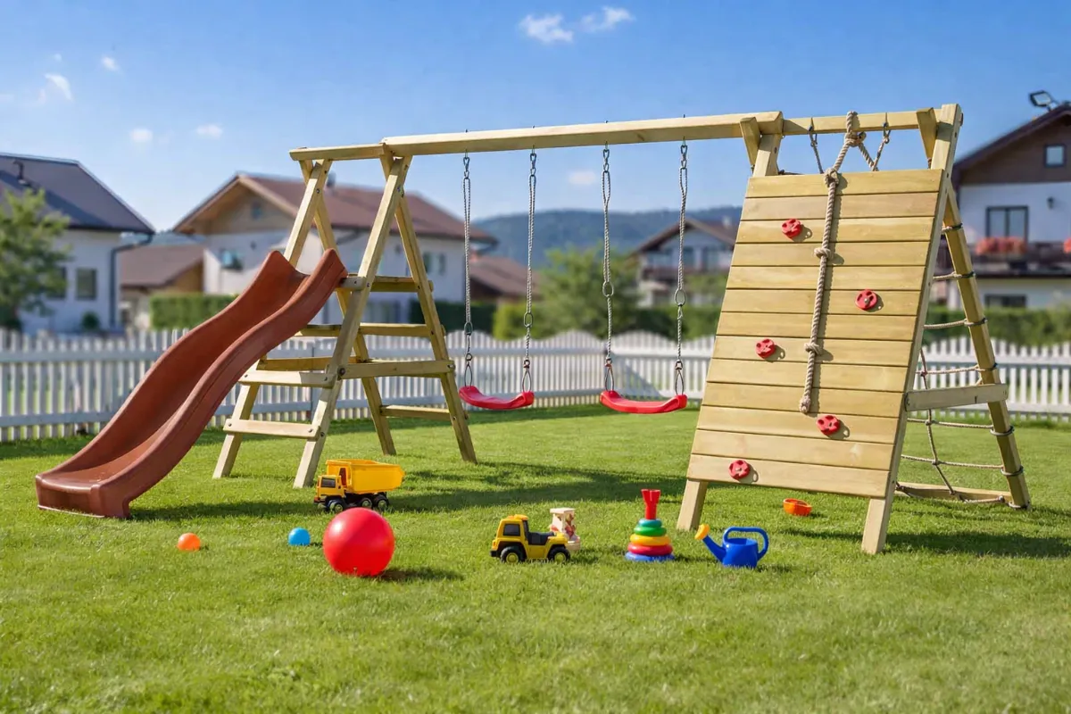 Gartenpirat Doppelschaukel Sarah mit Kletternetz Kletterwand und brauner Rutsche