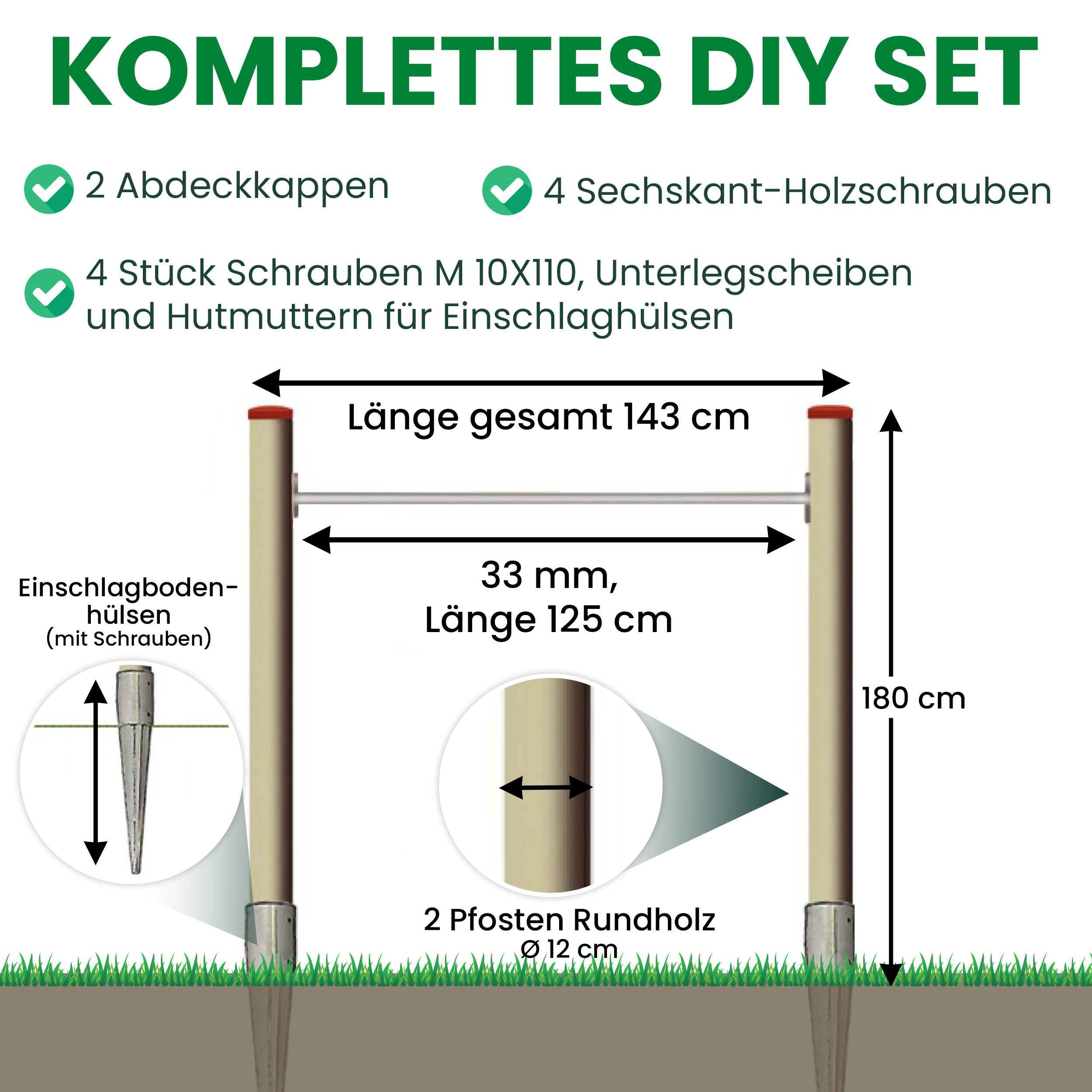 Turnreck aus Lärchenholz ⌀ 12 cm mit Edelstahl-Reckstange und Einschlaghülsen