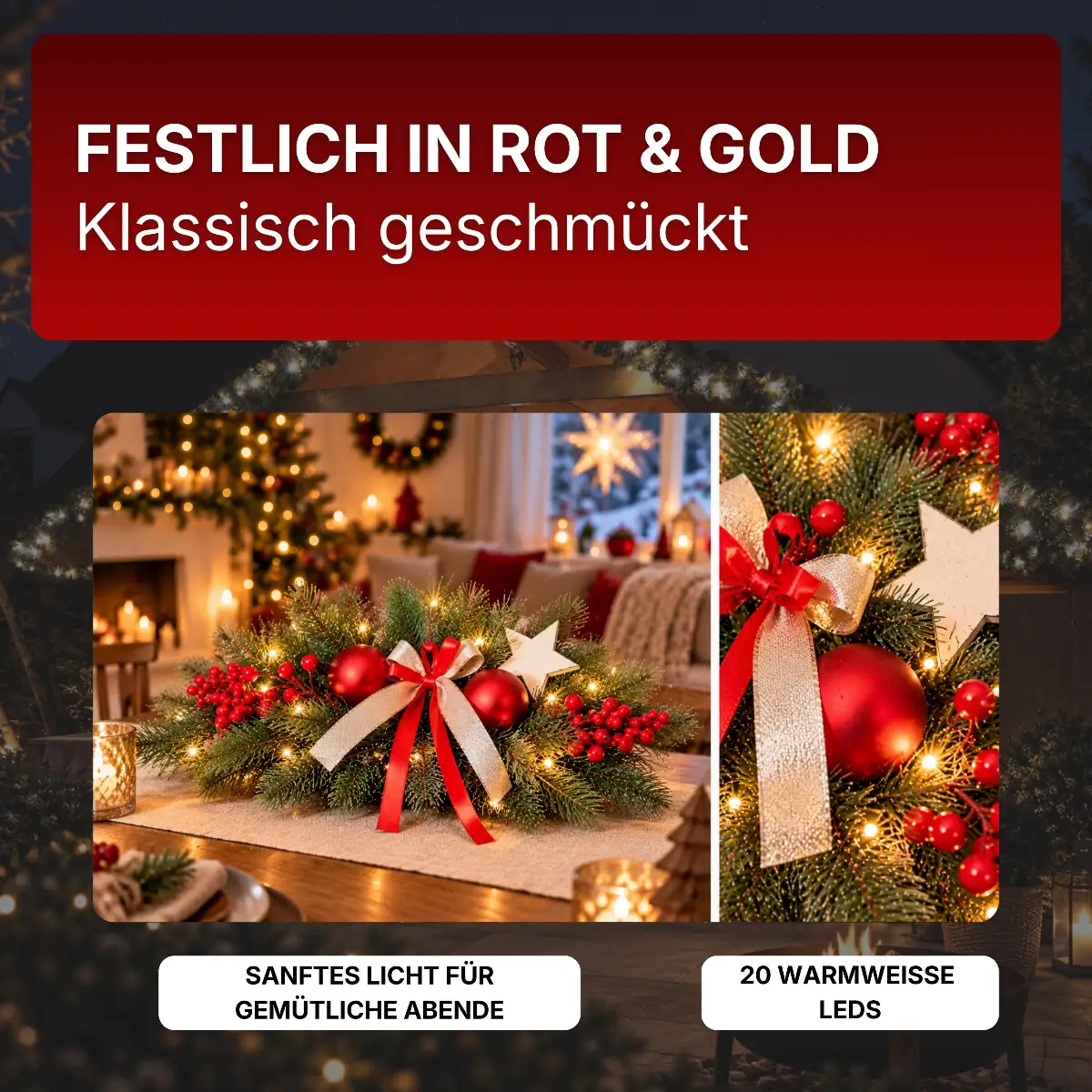 Adventsgesteck mit 20 warmweiße LEDs