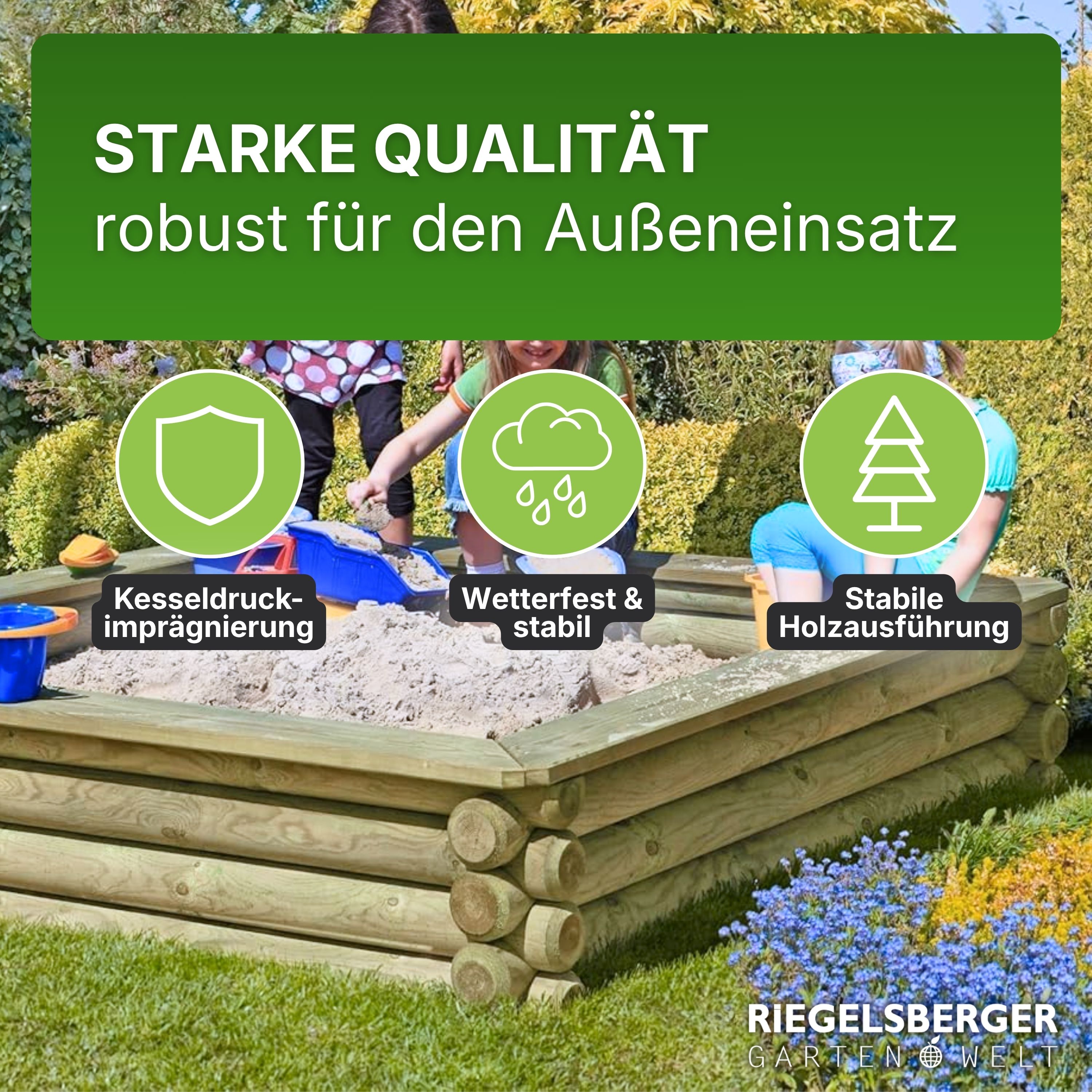 Sandkasten Paulo 180 × 180 cm aus Holz-Palisaden Ø 10 cm – kesseldruckimprägniert