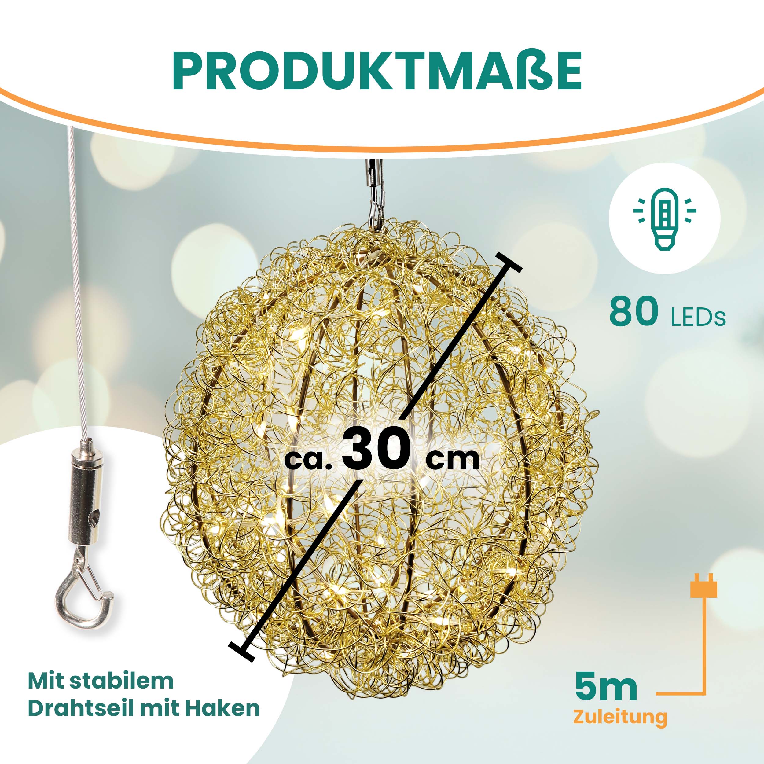 3D Drahtkugel Gold Ø 30 cm mit 80 LED warmweiß Timer-Funktion IP44