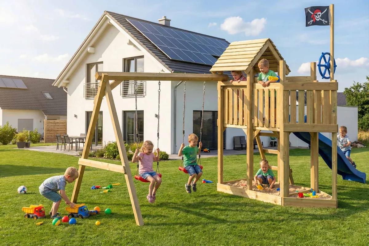 Spielturm Mia Fun mit Doppelschaukel und blauer Rutsche