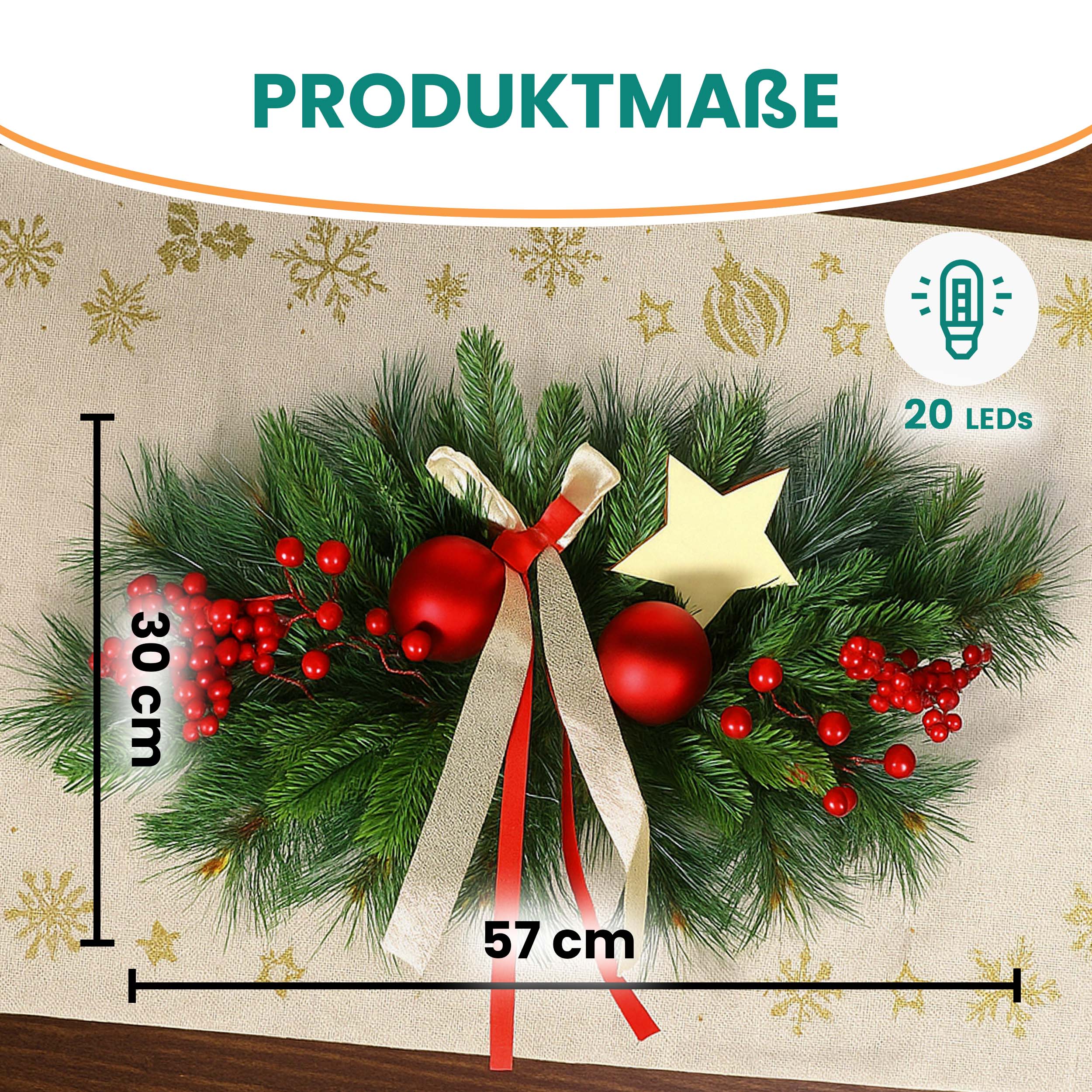 Adventsgesteck mit LED und roten Dekorationen 30x 57 cm 