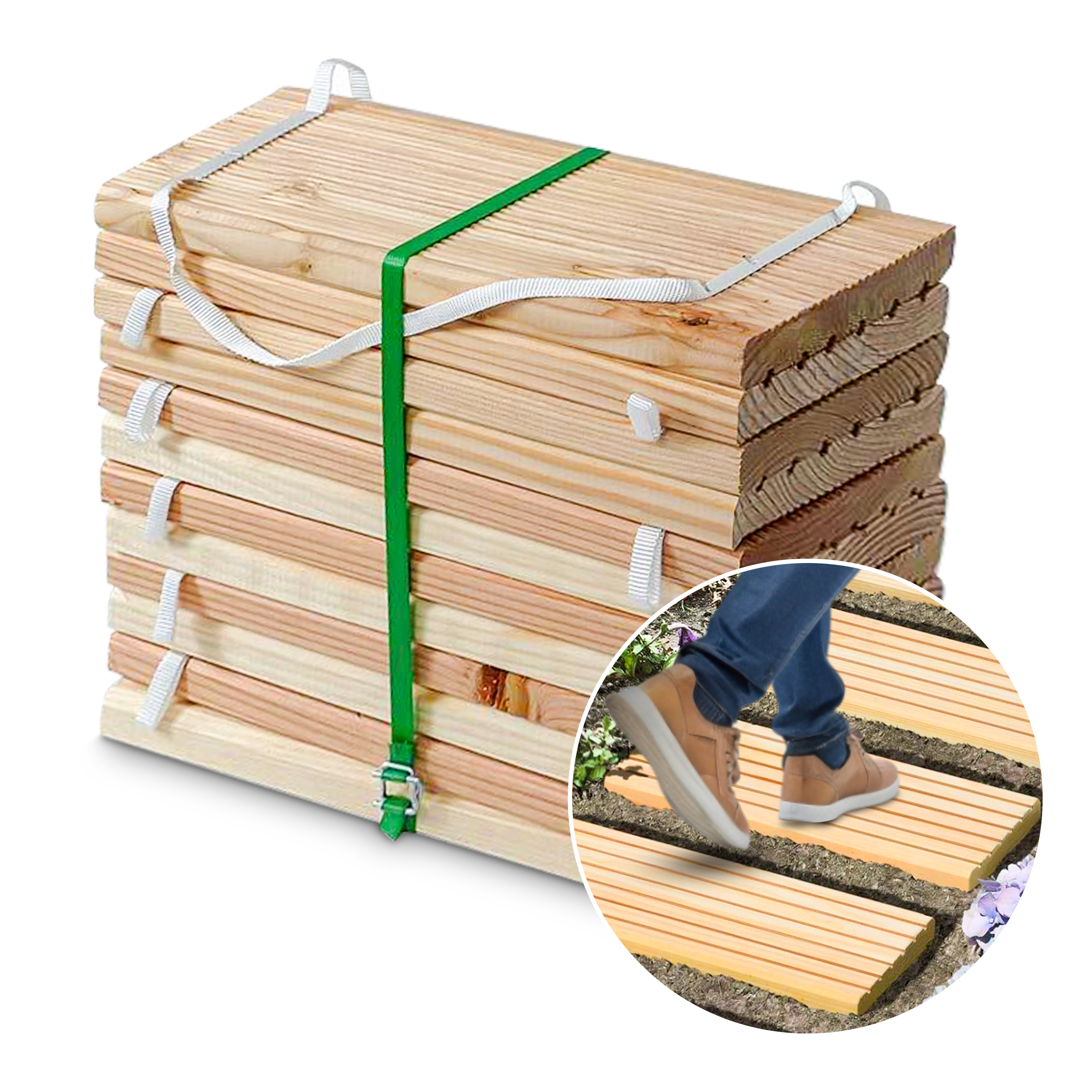 Rollweg aus Lärchenholz Gartentritte Trittplatten aus Holz Fliesen Weg im Garten