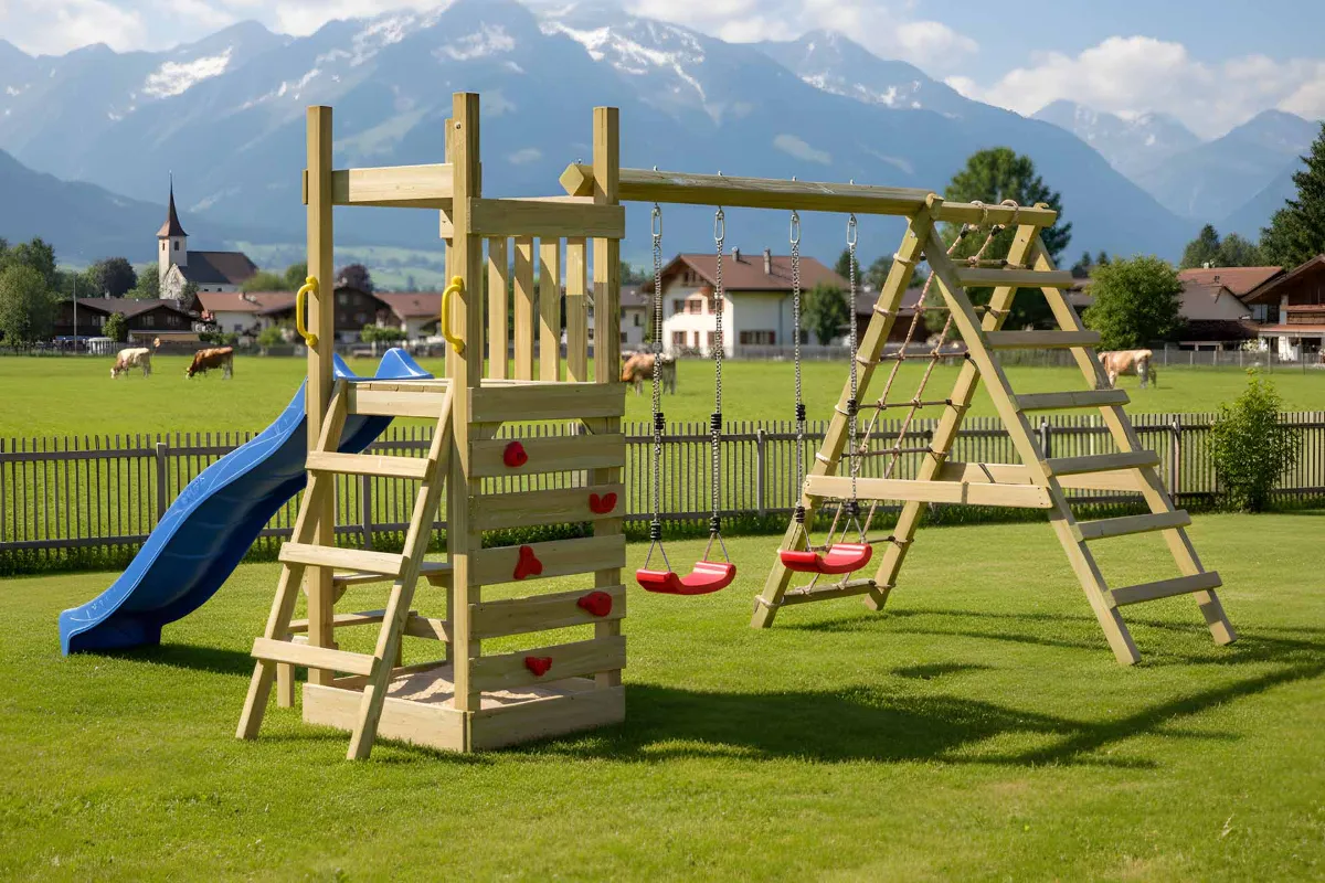 Spielturm Lilly Max mit Doppelschaukel Kletterwand und Kletternetz