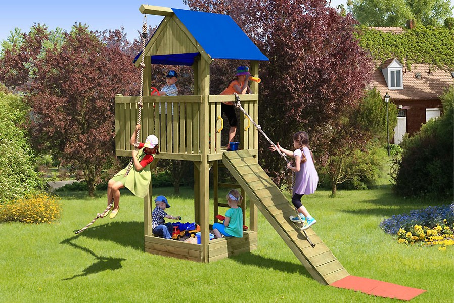 Spielturm Abenteuer mit Klettersteg und Sandkasten