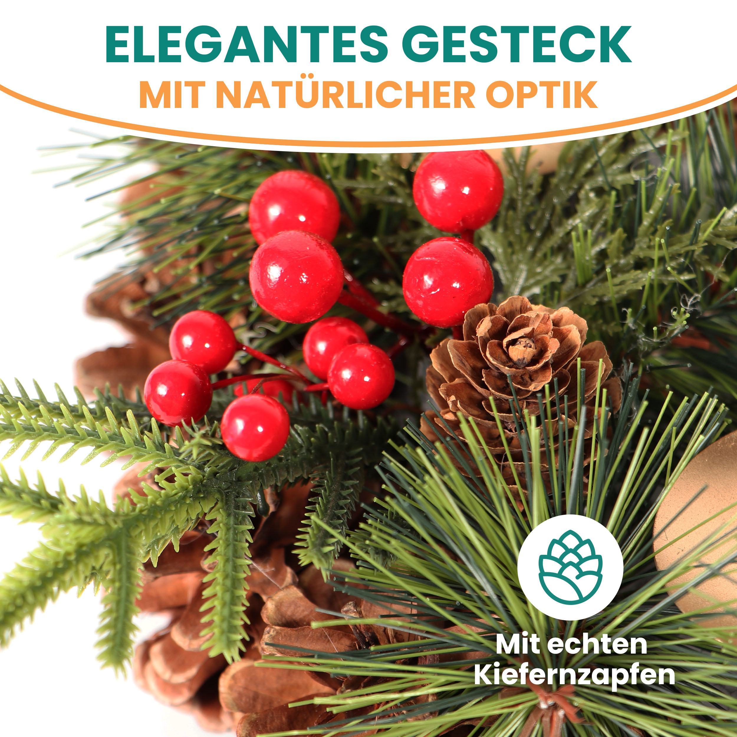 Künstlicher Adventskranz Weihnachtsdeko mit echten Zapfen und roten Beeren geschmückt