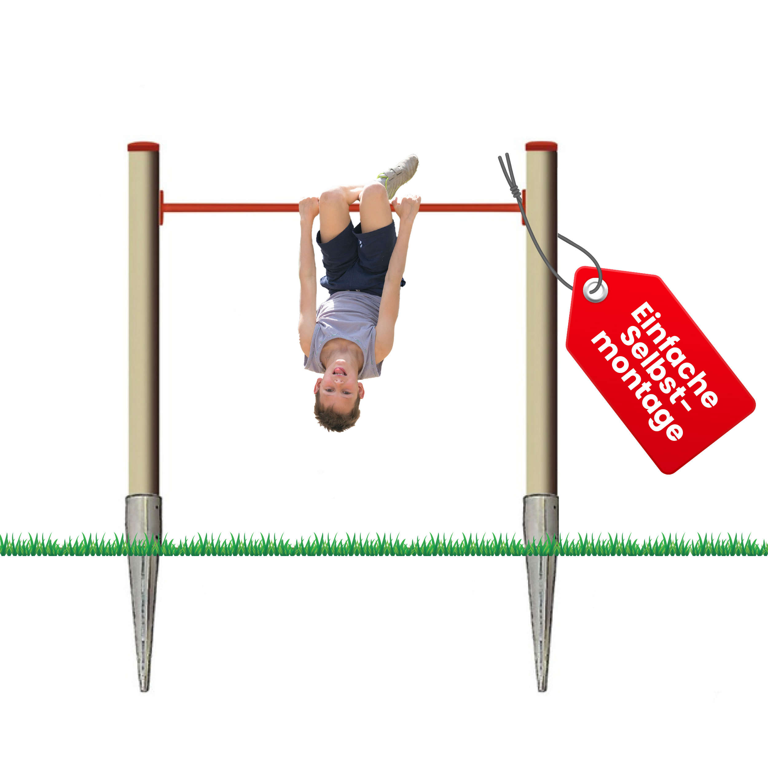 Turnreck mit Lärchen-Pfosten mit Reckstange rot und Einschlaghülsen