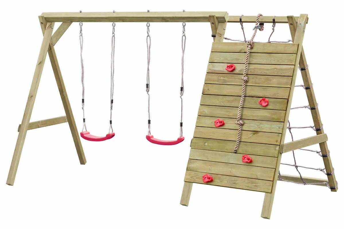 Doppelschaukel Basti mit Kletterwand und Kletternetz