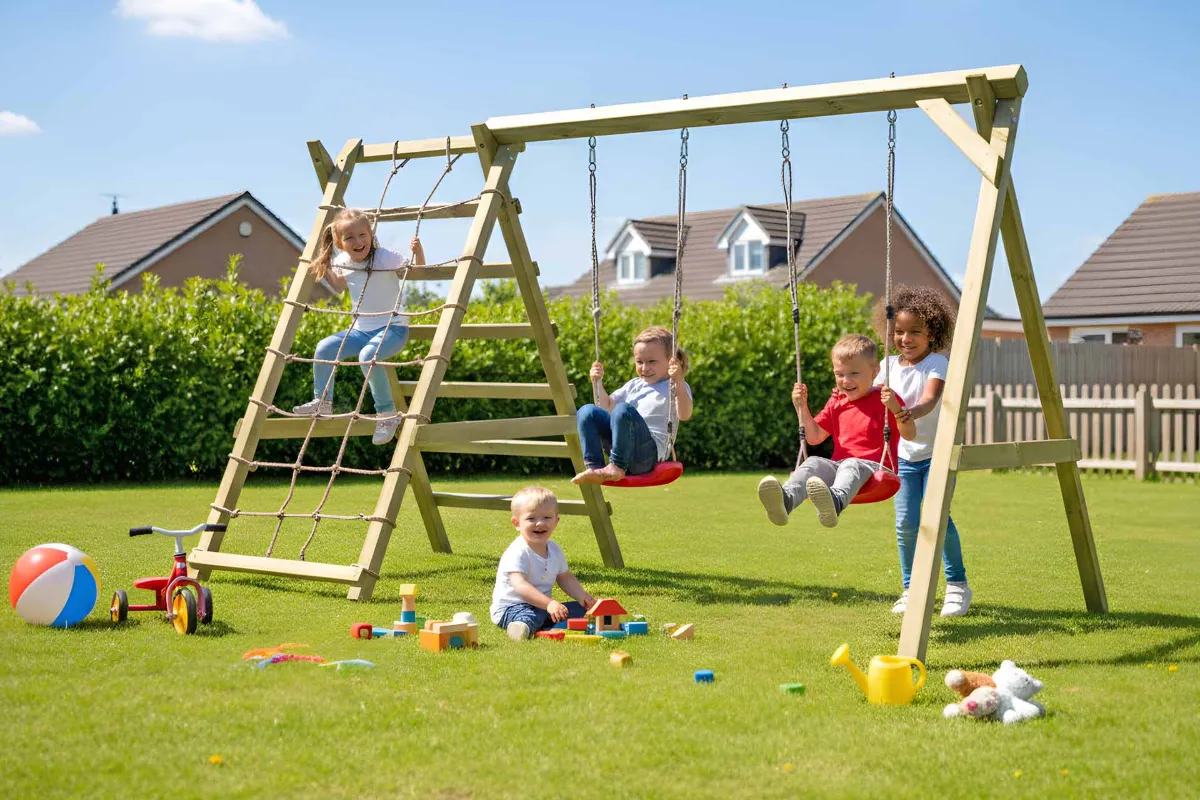 Doppelschaukel Premium 3.1 mit Kletternetz und Sprossenleiter