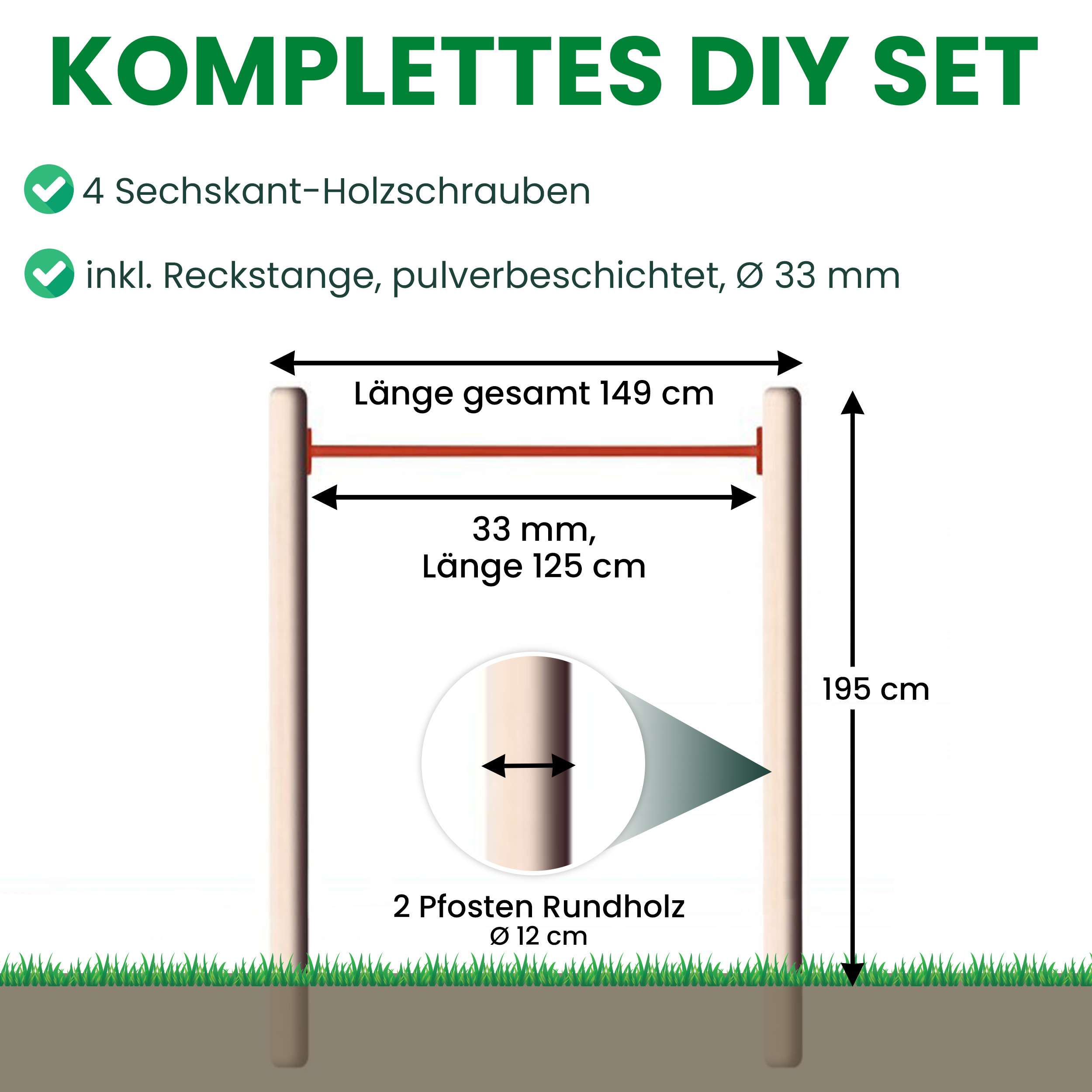 Turnreck aus Rundholz mit Reckstange rot Kletterstange Turnstange für draußen