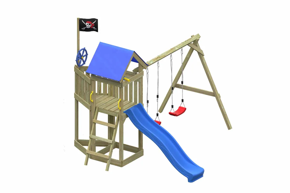 Spielturm Peter Fun mit blauer Rutsche und Doppelschaukel