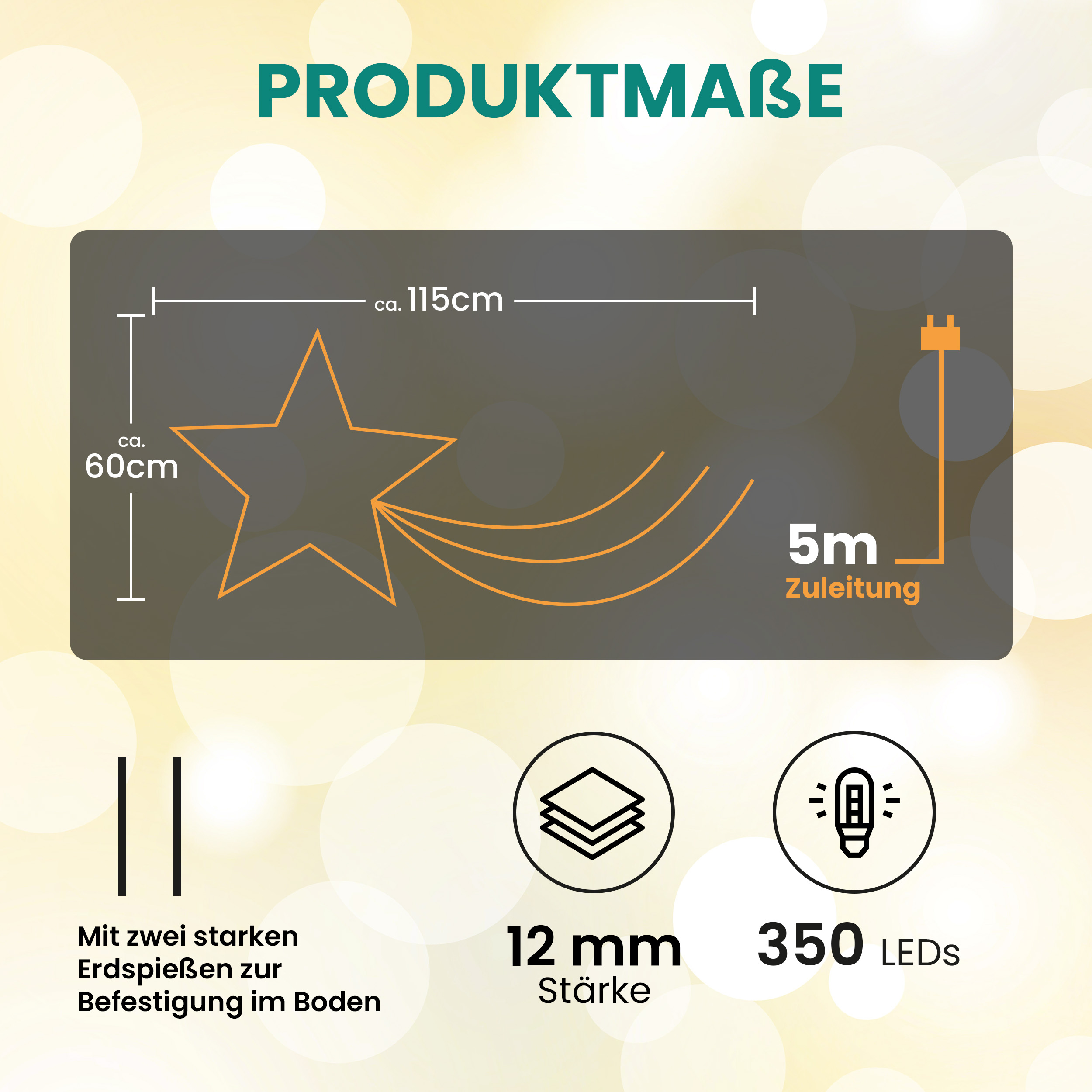 Sternschnuppe 60 x 115 cm mit Erdspieß Silhouette Komet 350 LED warmweiß Timer