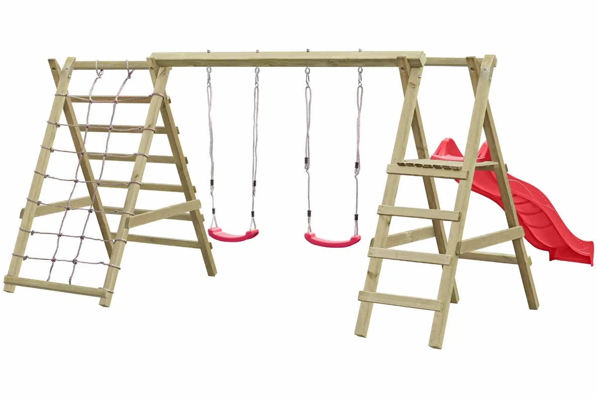 Doppelschaukel Jana mit Kletternetz Sprossenleiter und roter Rutsche