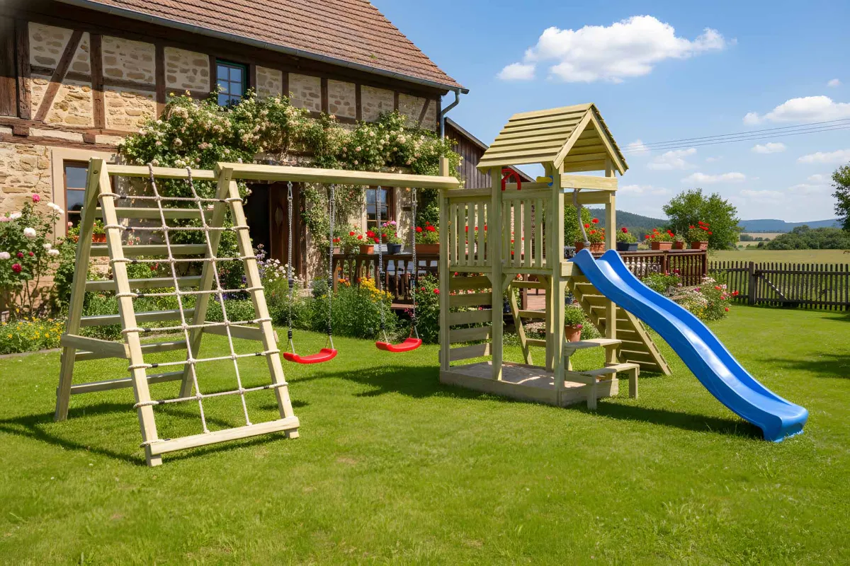 Spielturm Cris Max mit Doppelschaukel und großem Kletterbereich