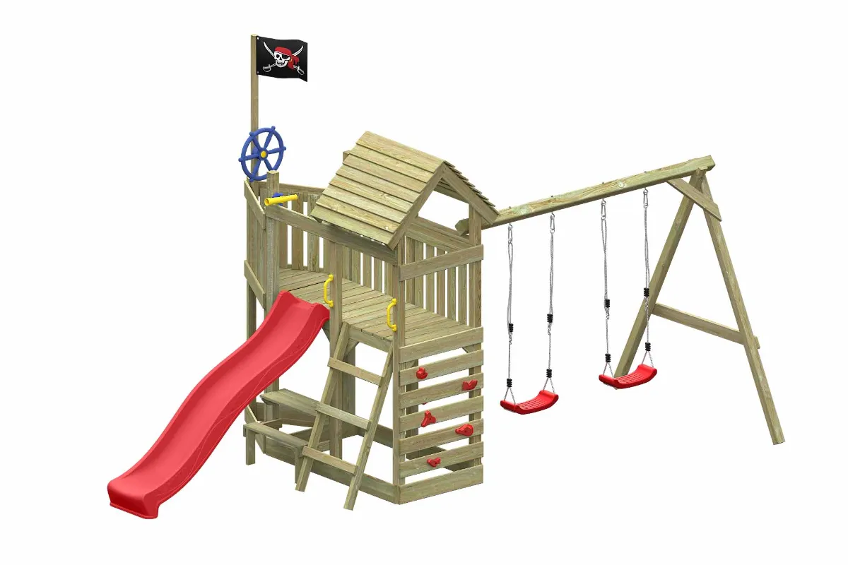 Spielturm Mia Abenteuer mit roter Rutsche Doppelschaukel und Kletterwand