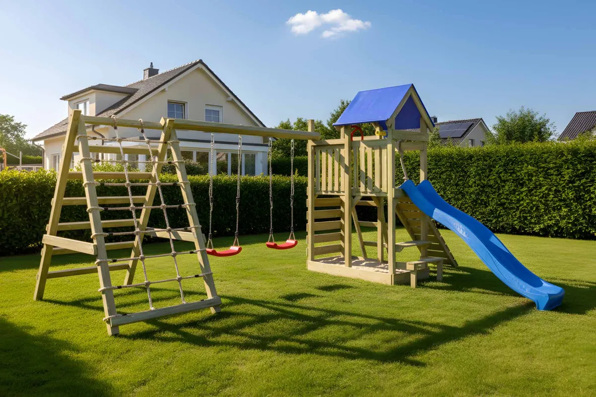 Spielturm Susi Max mit Doppelschaukel und großem Kletterbereich