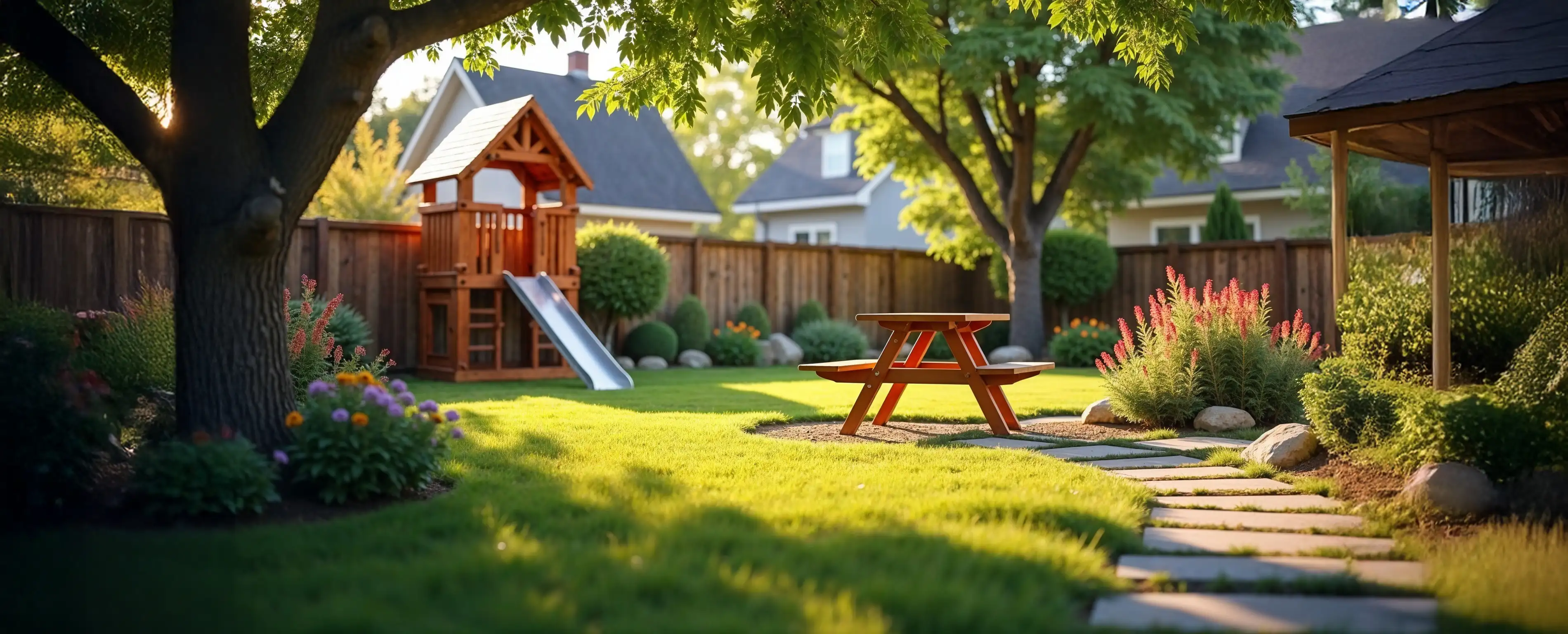 Ein Spielplatz mit Spielturm und einem Picknicktisch umrahmt von Bäumen