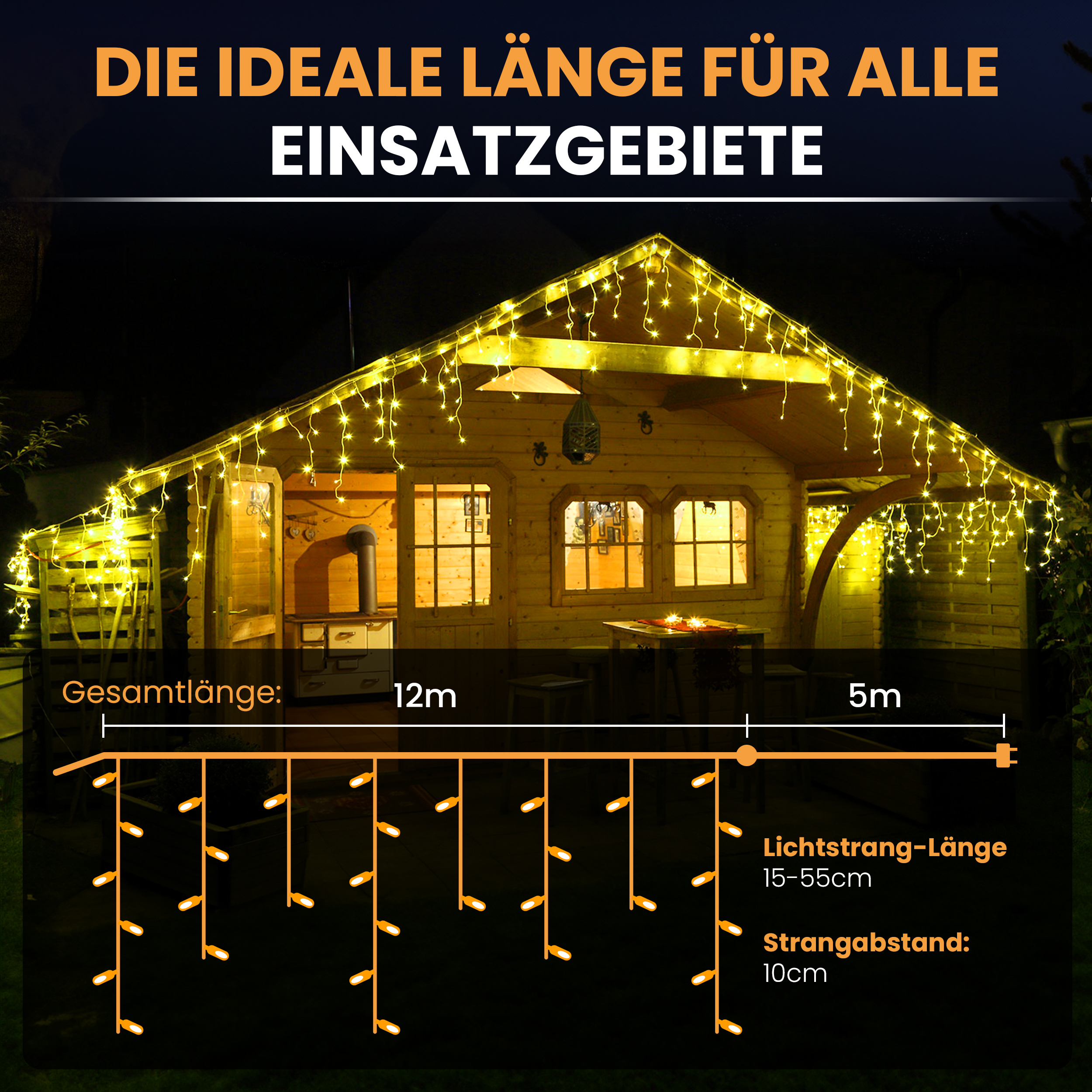 Gartenpirat LED-Eisregen-Lichterkette 12 m bernsteinfarben IP44