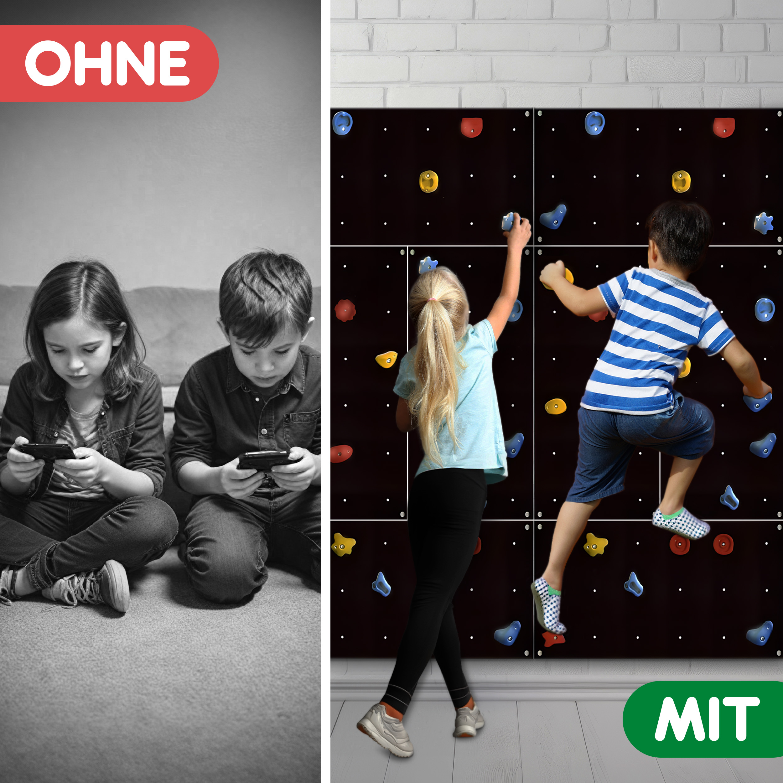 Kletterwand Outdoor mit bunten Klettersteinen und Montagematerial für Kinder und Erwachsene