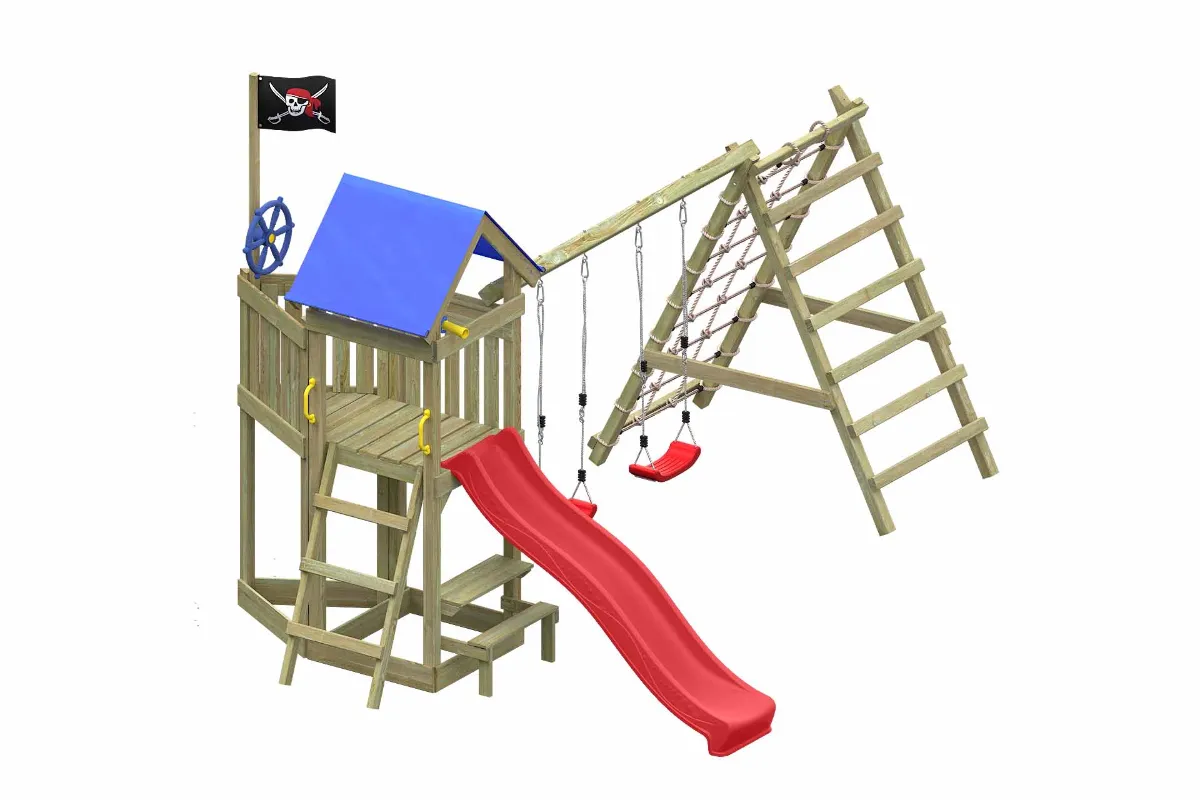 Spielturm Peter Max mit roter Rutsche Doppelschaukel und Kletterbereich