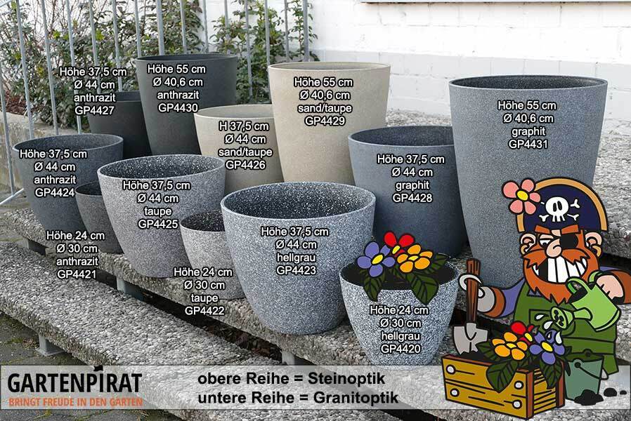 Pflanzkübel rund, Durchmesser 40 bzw. 44 cm, aus Kunststoff mit Oberfläche Granit-Optik, Farbe taupe / grau/ anthrazit