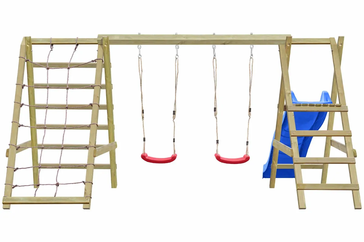 Doppelschaukel Jana mit Kletternetz Sprossenleiter und blauer Rutsche