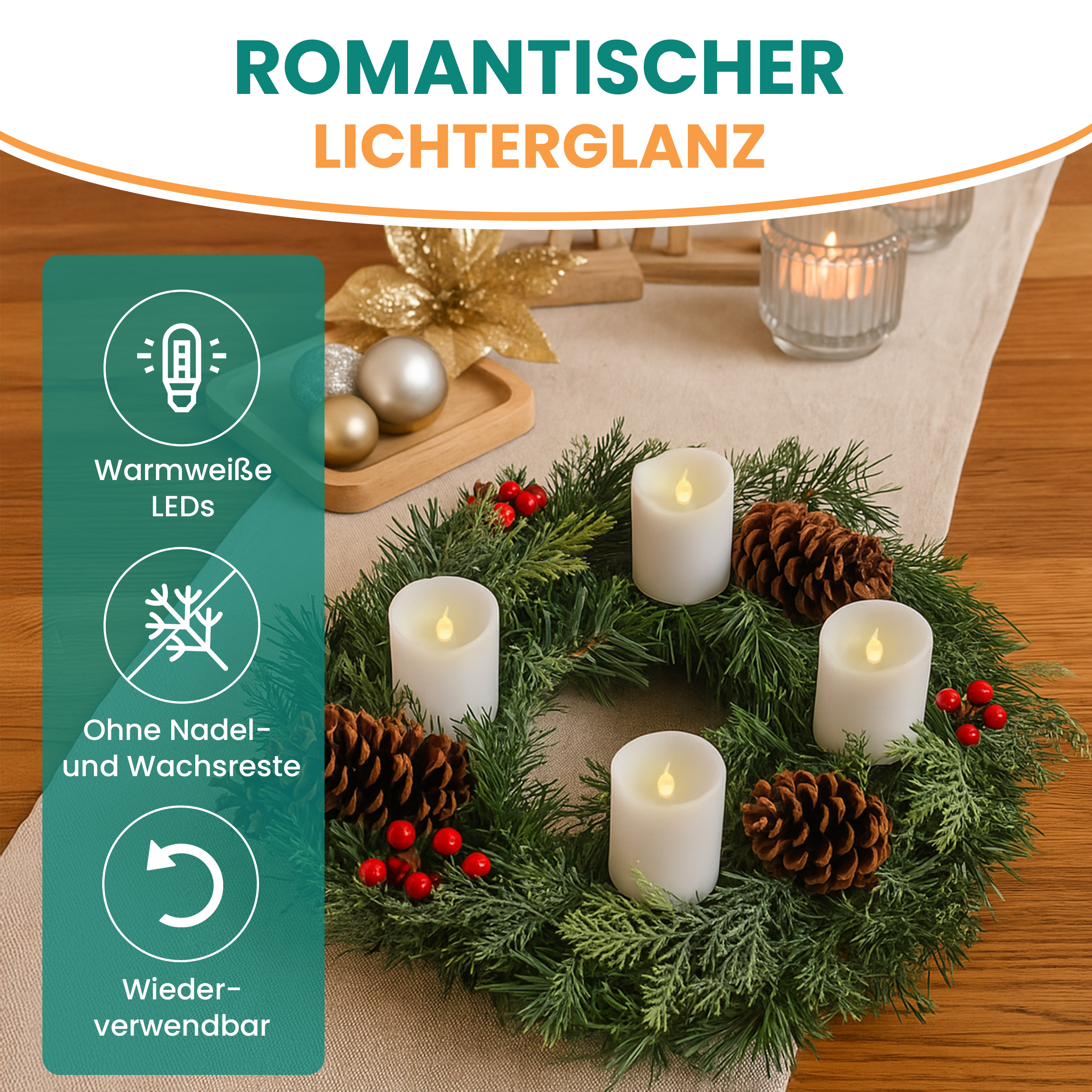 Künstlicher Adventskranz Weihnachtsdeko mit echten Zapfen und roten Beeren geschmückt