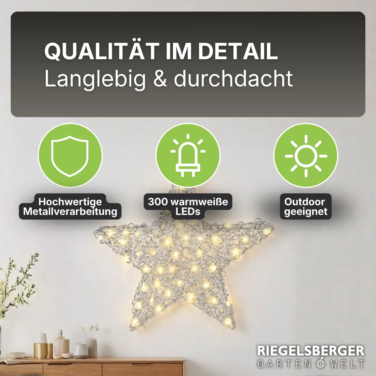 Aluminiumstern XXL Ø 60 cm mit 300 LED warmweiß Timer-Funktion IP44 
