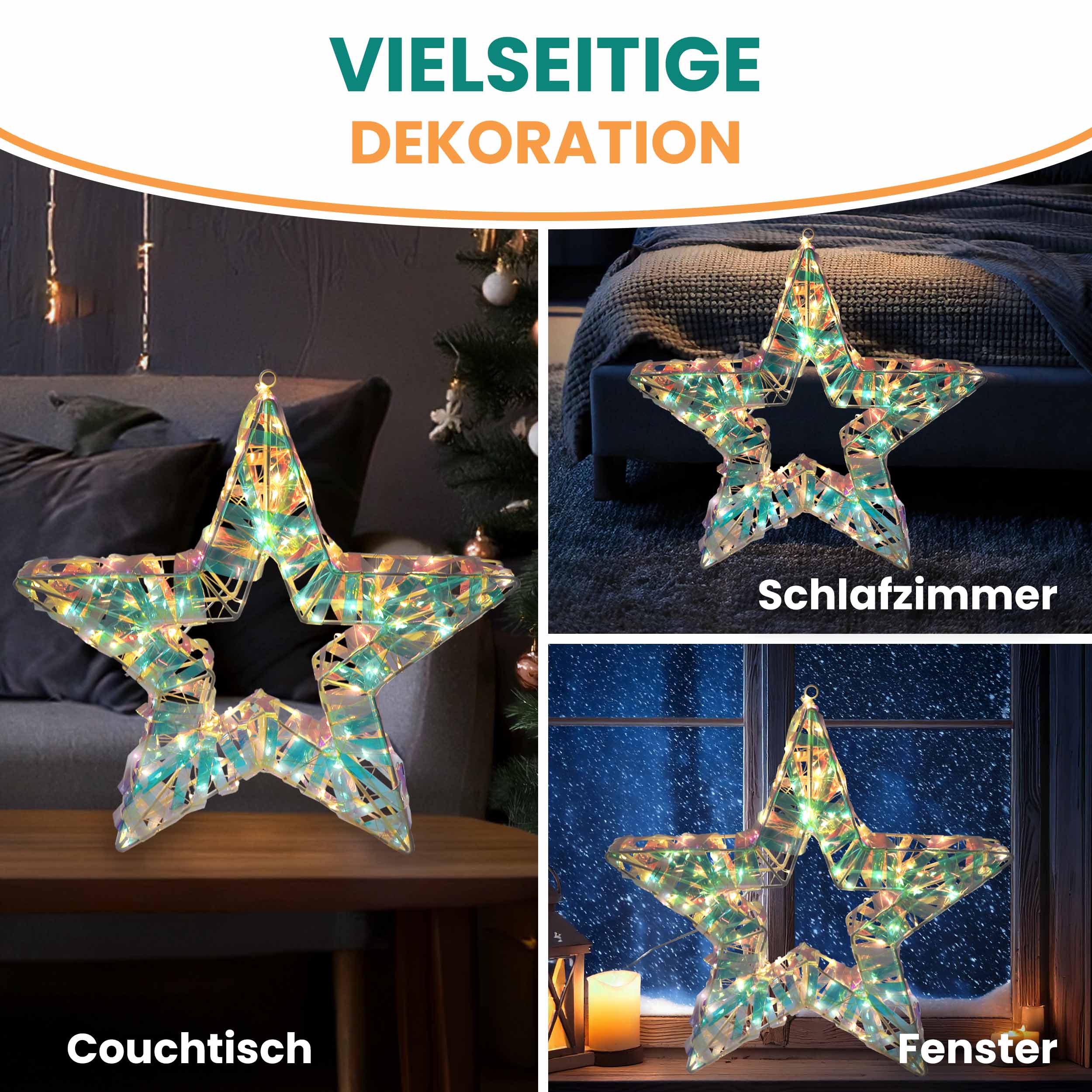 Weihnachtsstern 40x40 cm Regenbogenfarben – 180 LED warmweiß mit Timer für außen