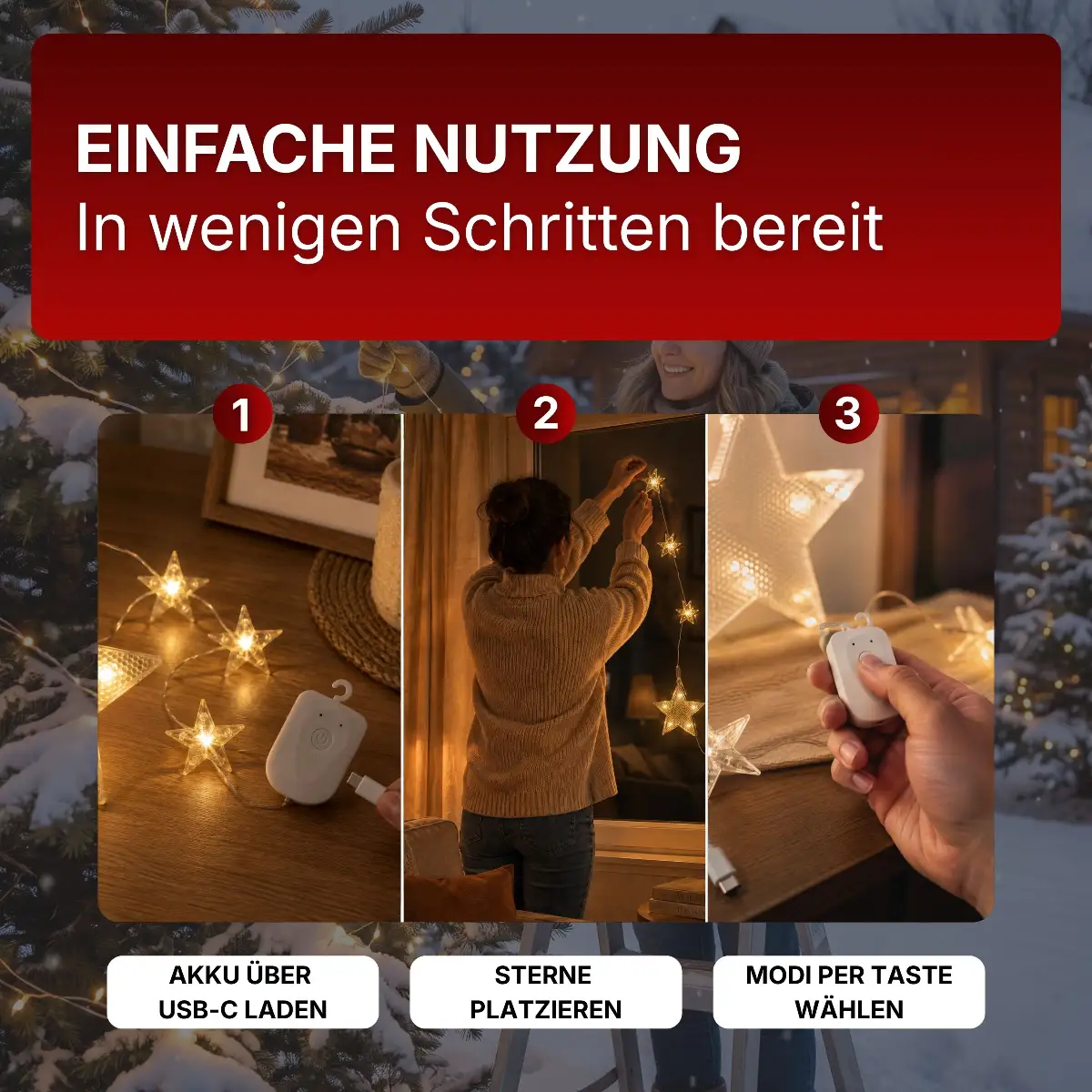 LED Sternen-Lichterkette 52 cm mit 8 LED warmweiß – Akku, Timer & 8 Lichtmodi