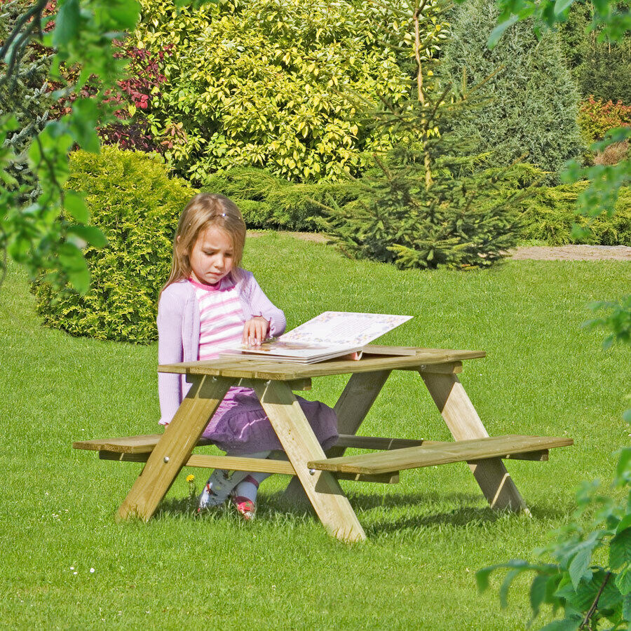 Kindertisch aus Holz imprägniert Kindersitzgruppe Tisch und Bank für Spielhaus