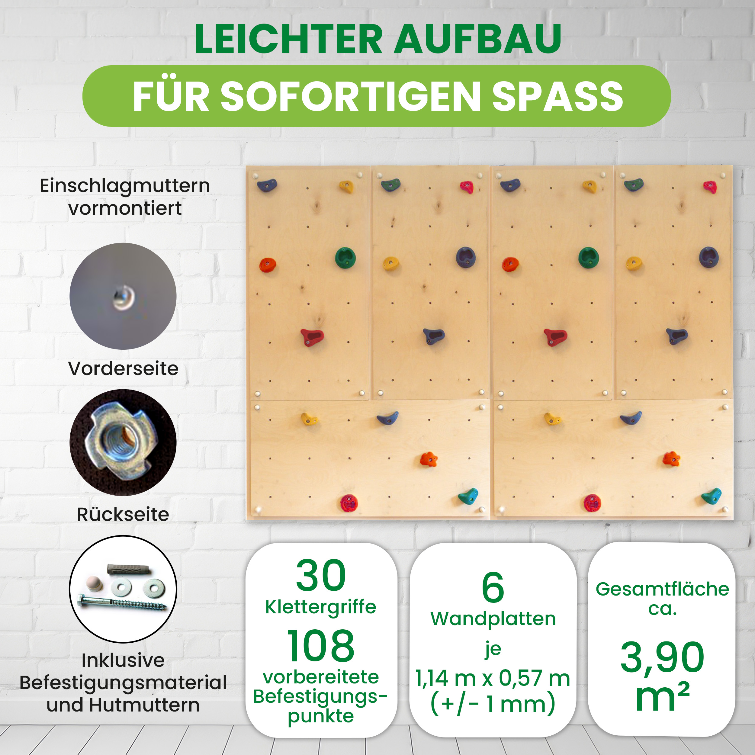 Kletterwand Indoor mit bunten Klettersteinen und Montagematerial für Kinder und Erwachsene