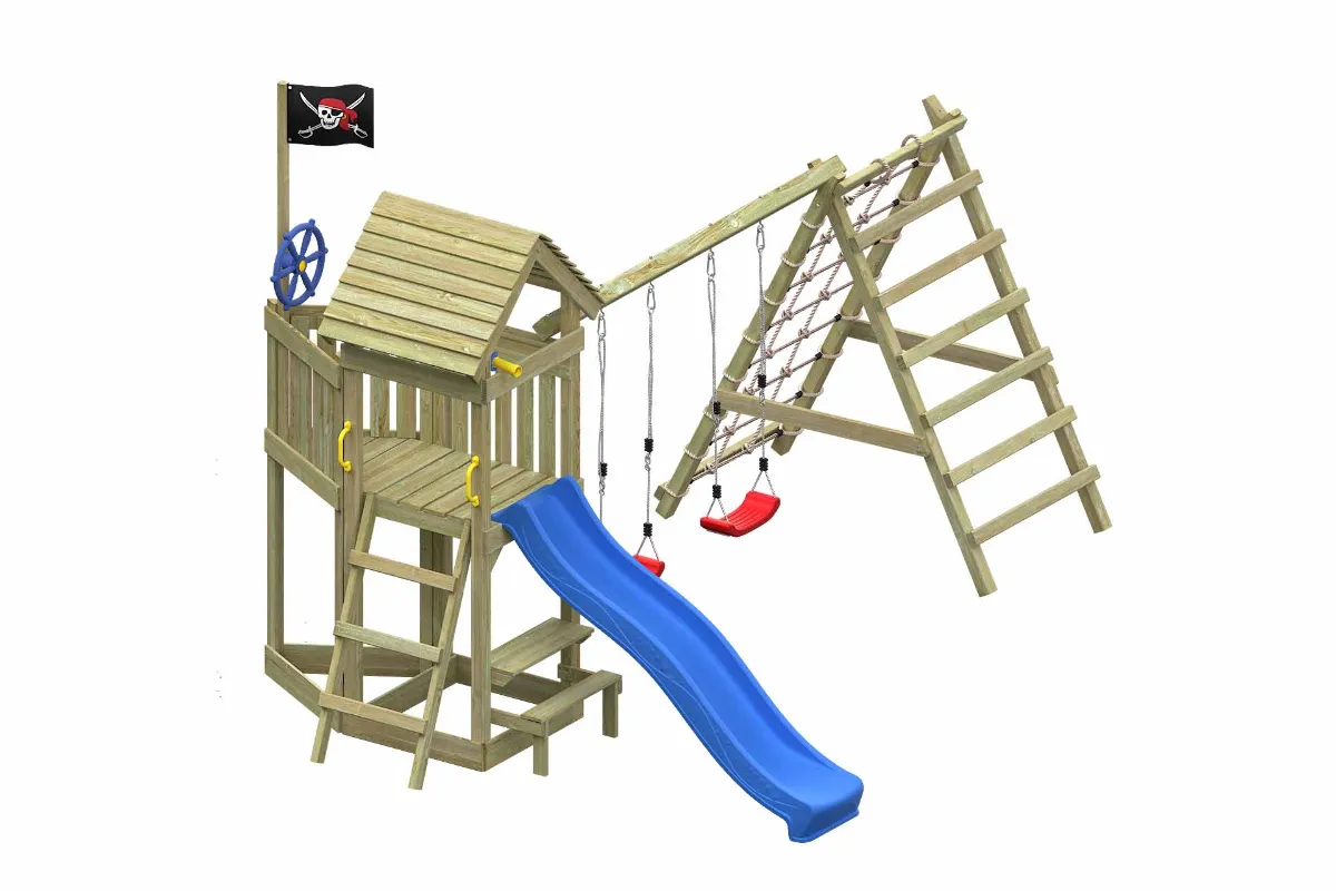 Spielturm Lina Max mit blauer Rutsche Doppelschaukel Tisch und Kletterbereich