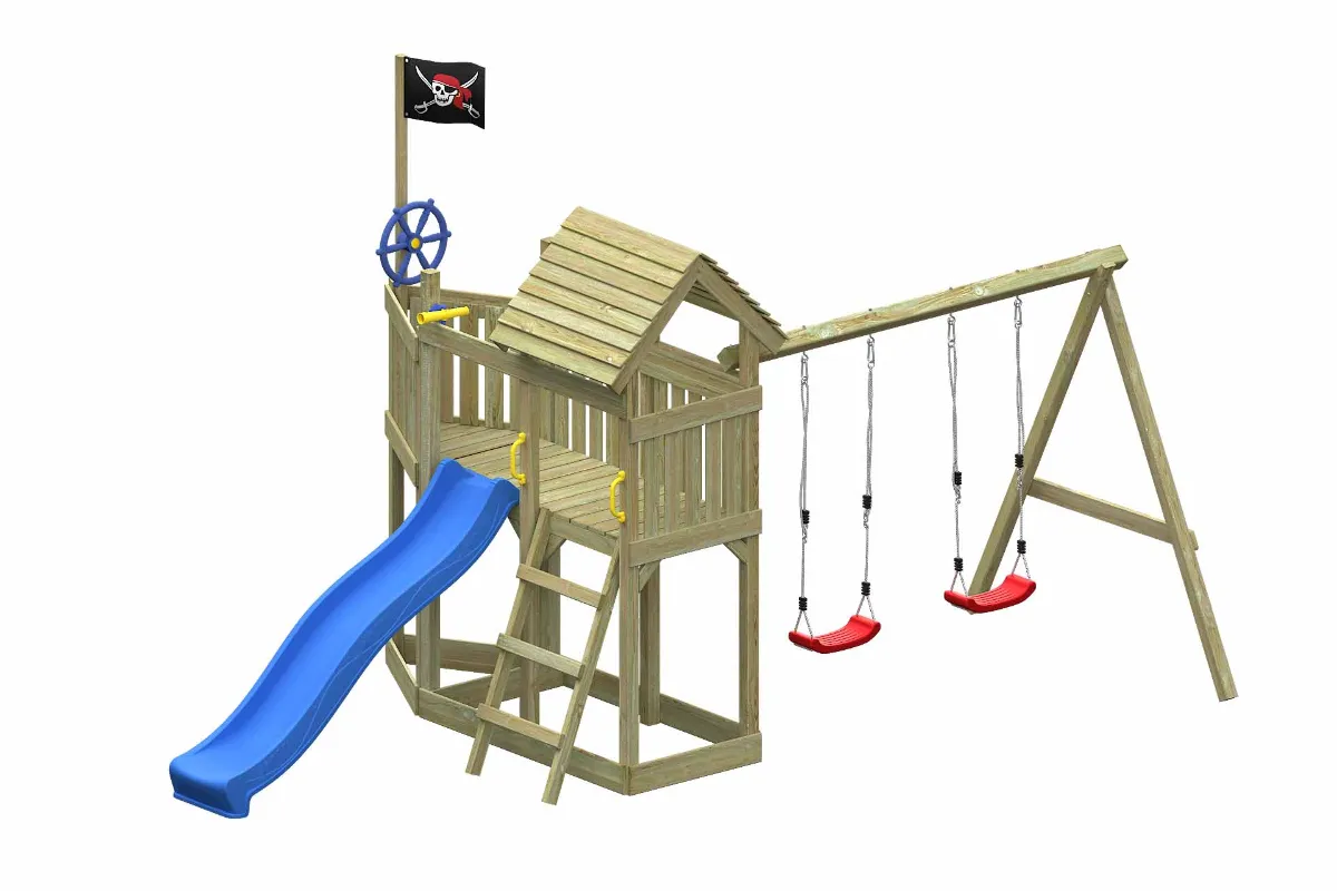 Spielturm Mia Fun mit Doppelschaukel und blauer Rutsche