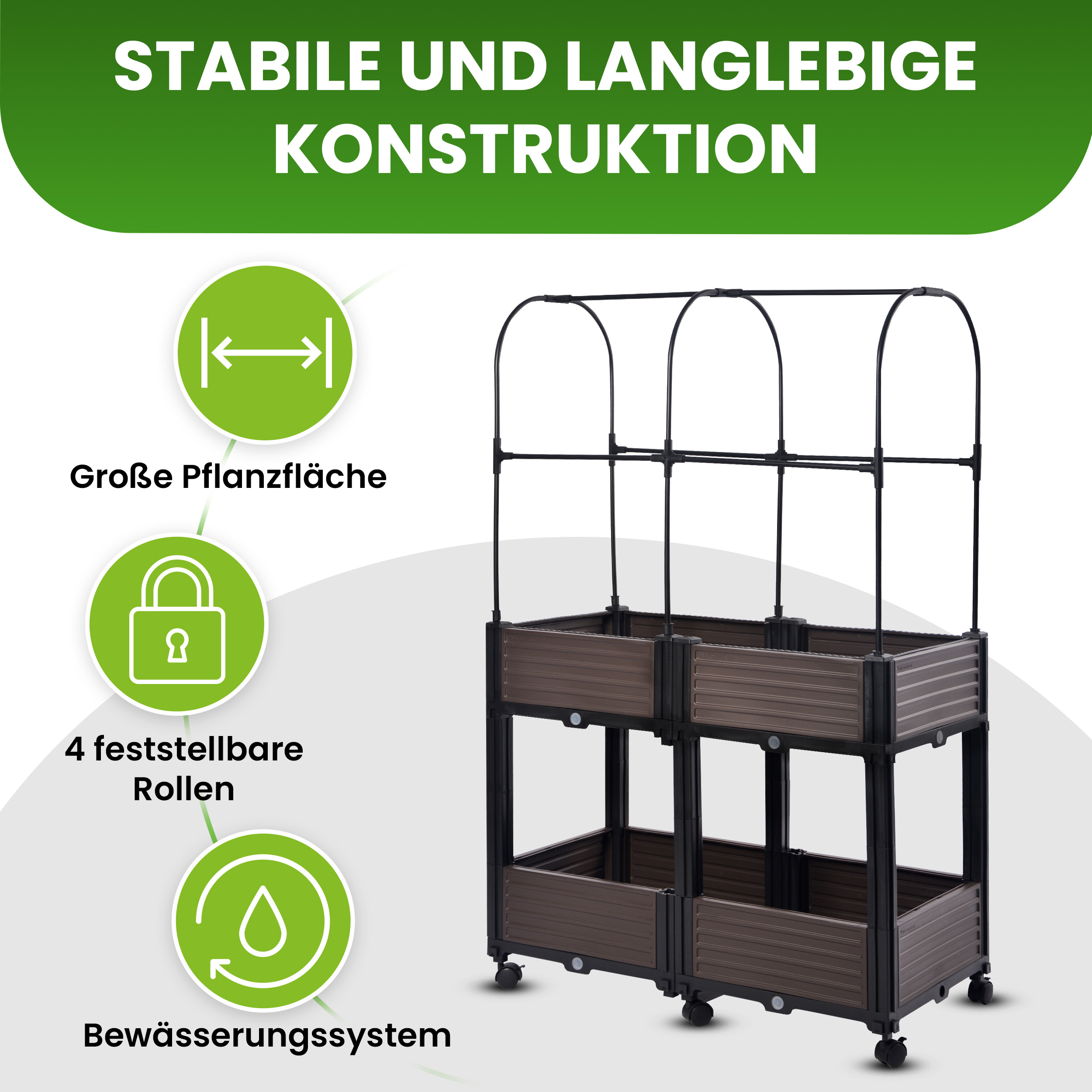 Hochbeet mit Frühbeet 2 Ebenen 82x41xH135 cm Foliengewächshaus auf Rädern
