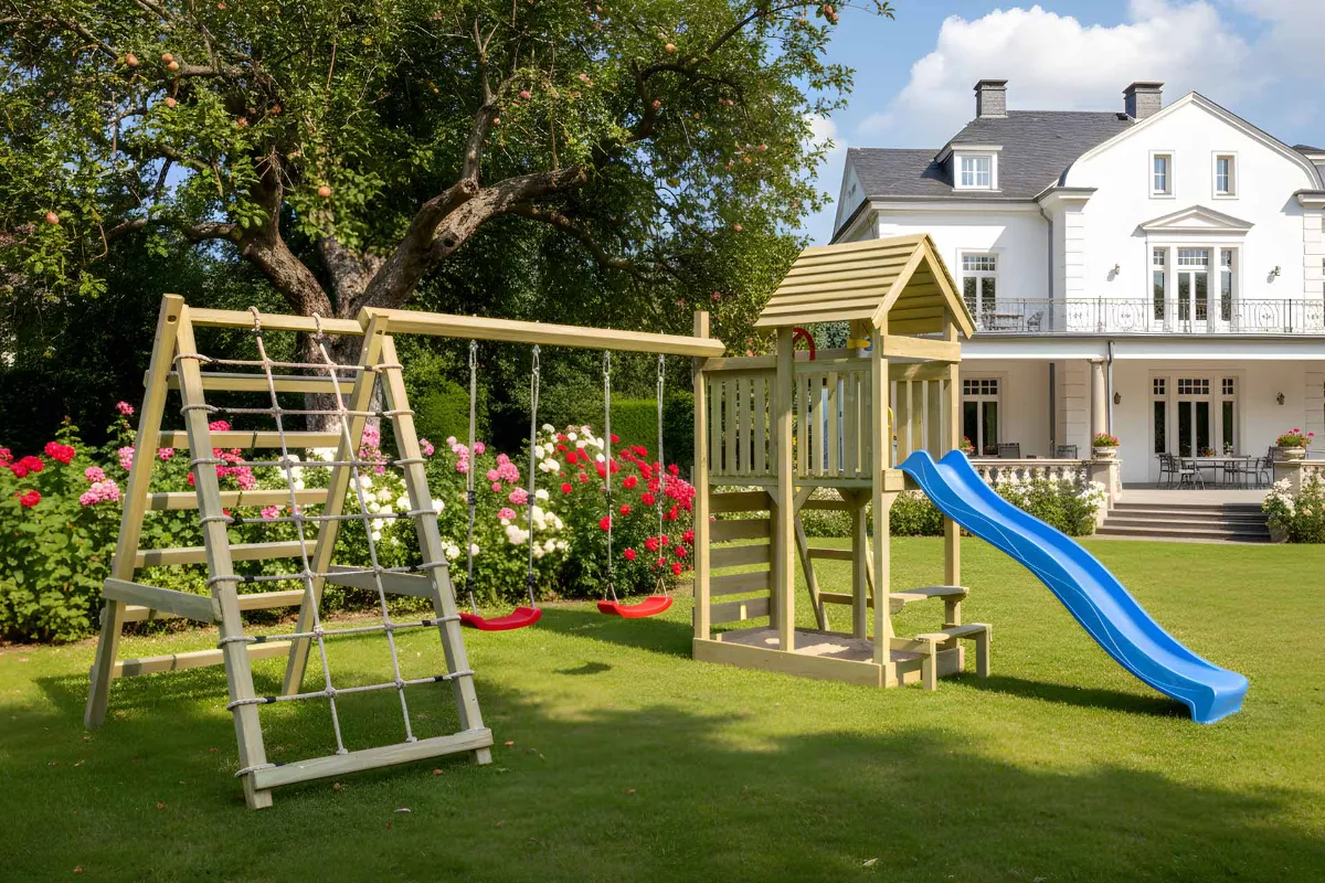 Spielturm Andrea Max mit Doppelschaukel Kletterwand und Kletternetz