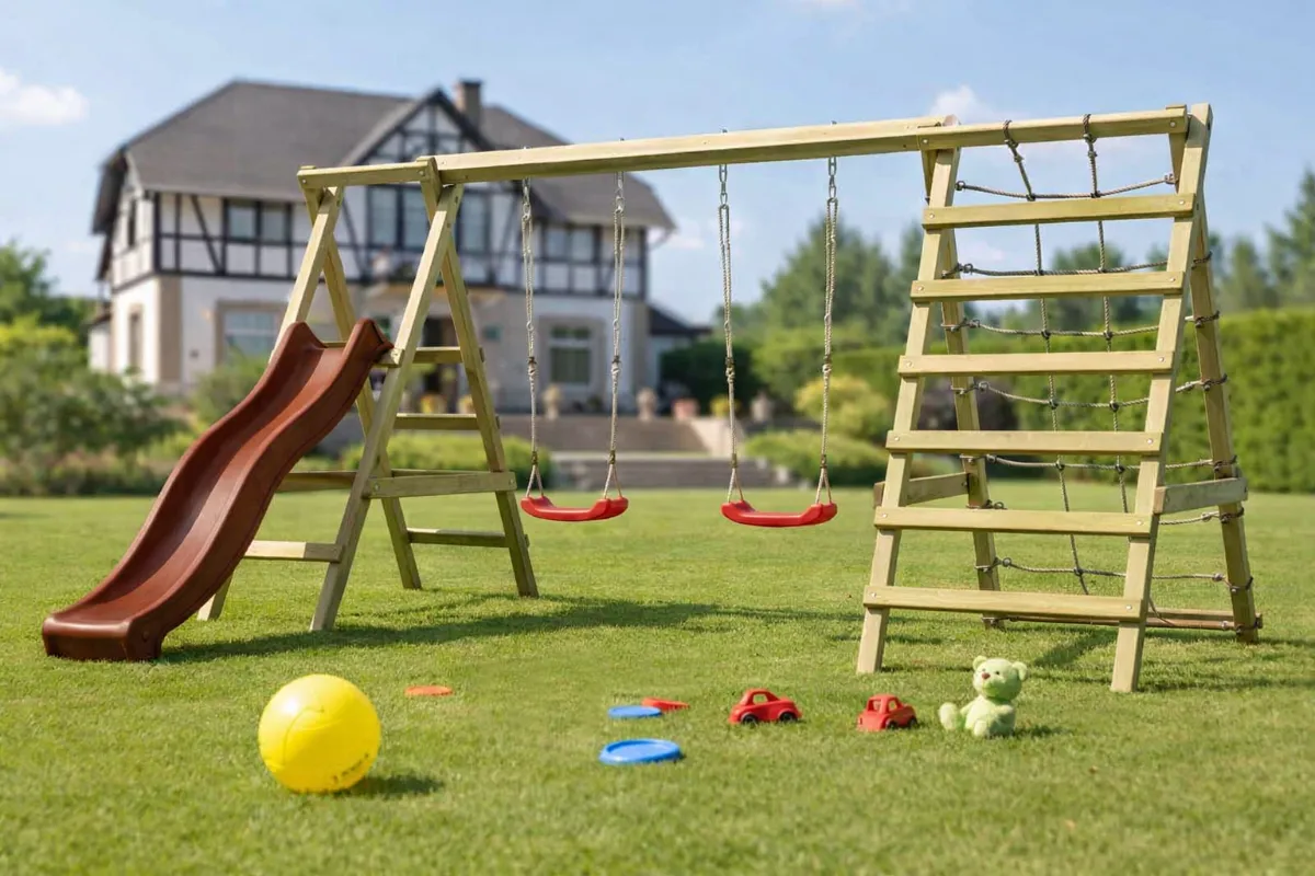 Gartenpirat Doppelschaukel Jana mit Kletternetz Sprossenleiter und  brauner Rutsche