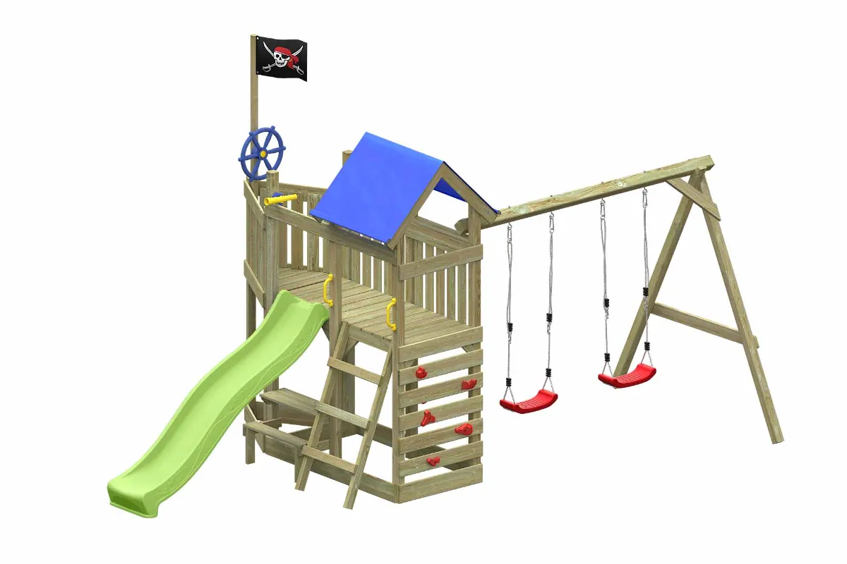 Spielturm Georg Abenteuer mit Doppelschaukel Kletterwand und apfelgrüner Rutsche