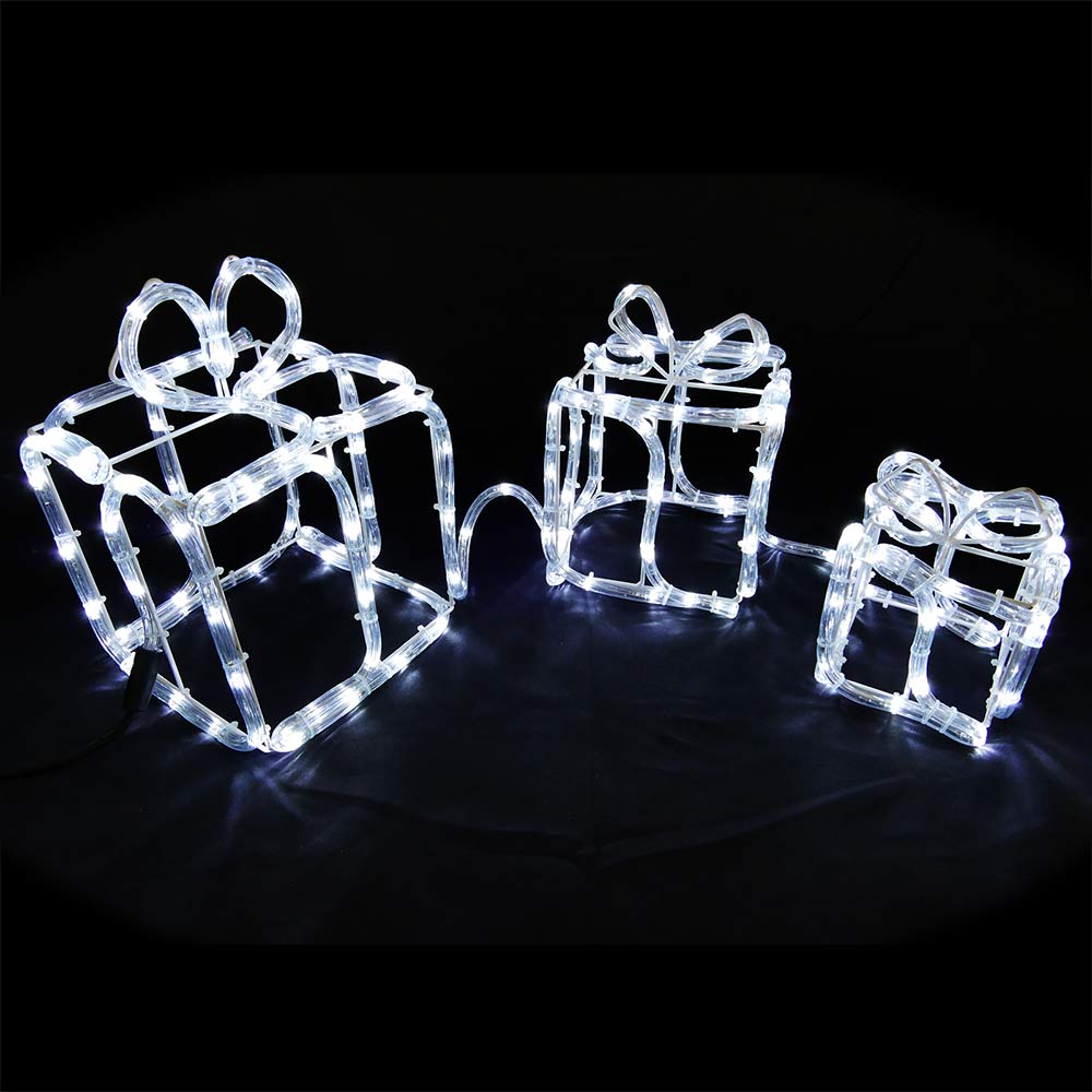 Geschenkboxen 3er-Set aus Drahtgestell und Lichtschlauch Lichtschlauchfigur mit 180 LED