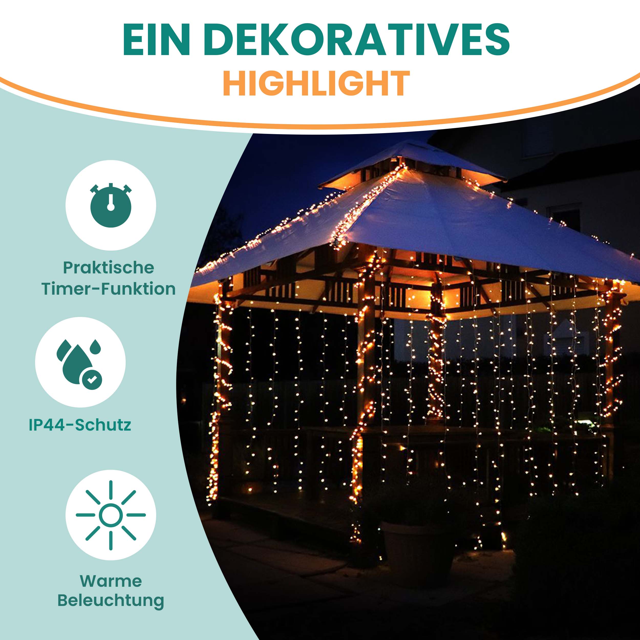 Lichtervorhang 3x3 m 300 LED warmweiß LED-Vorhang mit 8 Programmen