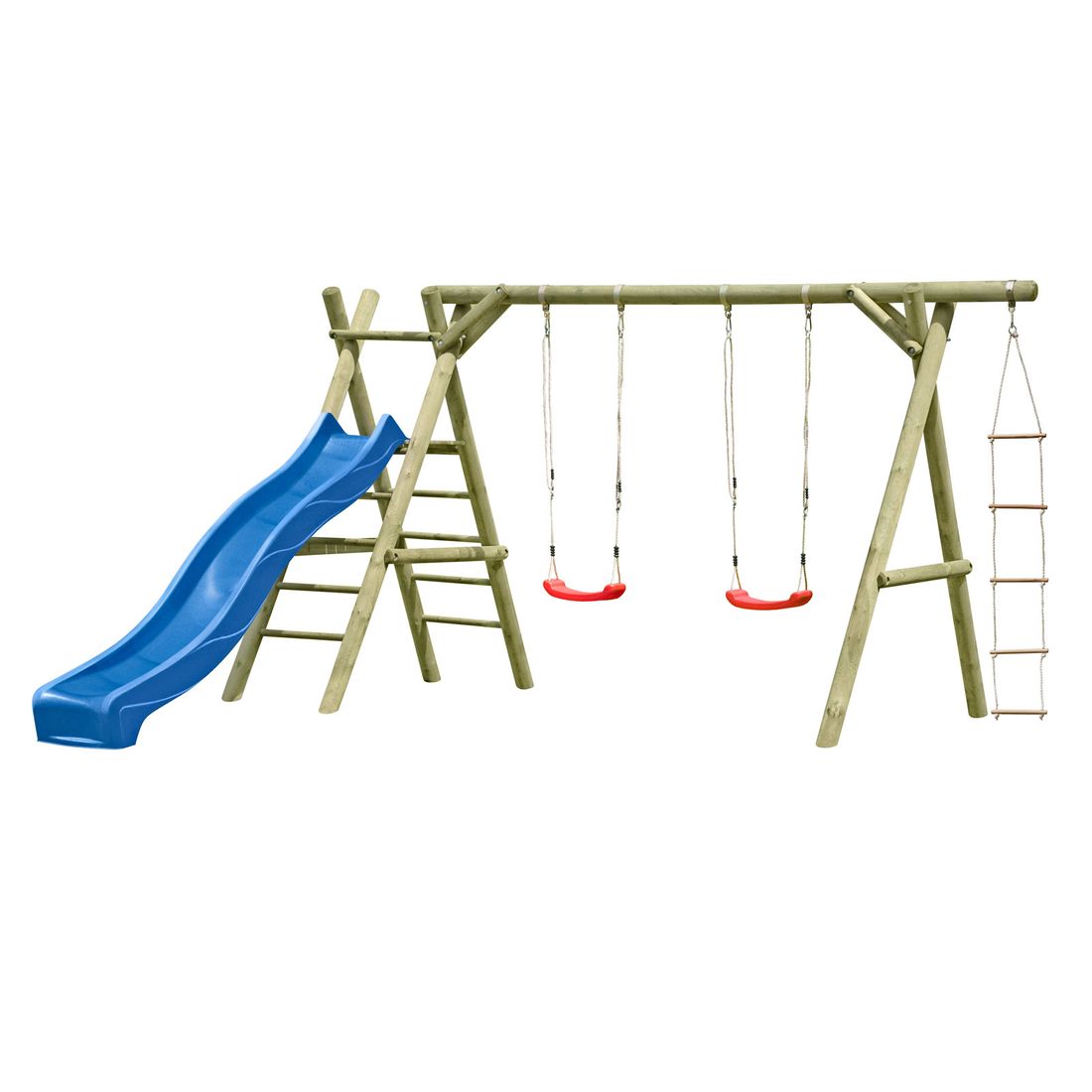 B-Ware Classic Schaukelgestell 430x190x220 cm Kiefer KDI Doppelschaukel mit Kletterseil Podest und Rutsche 290 cm blau